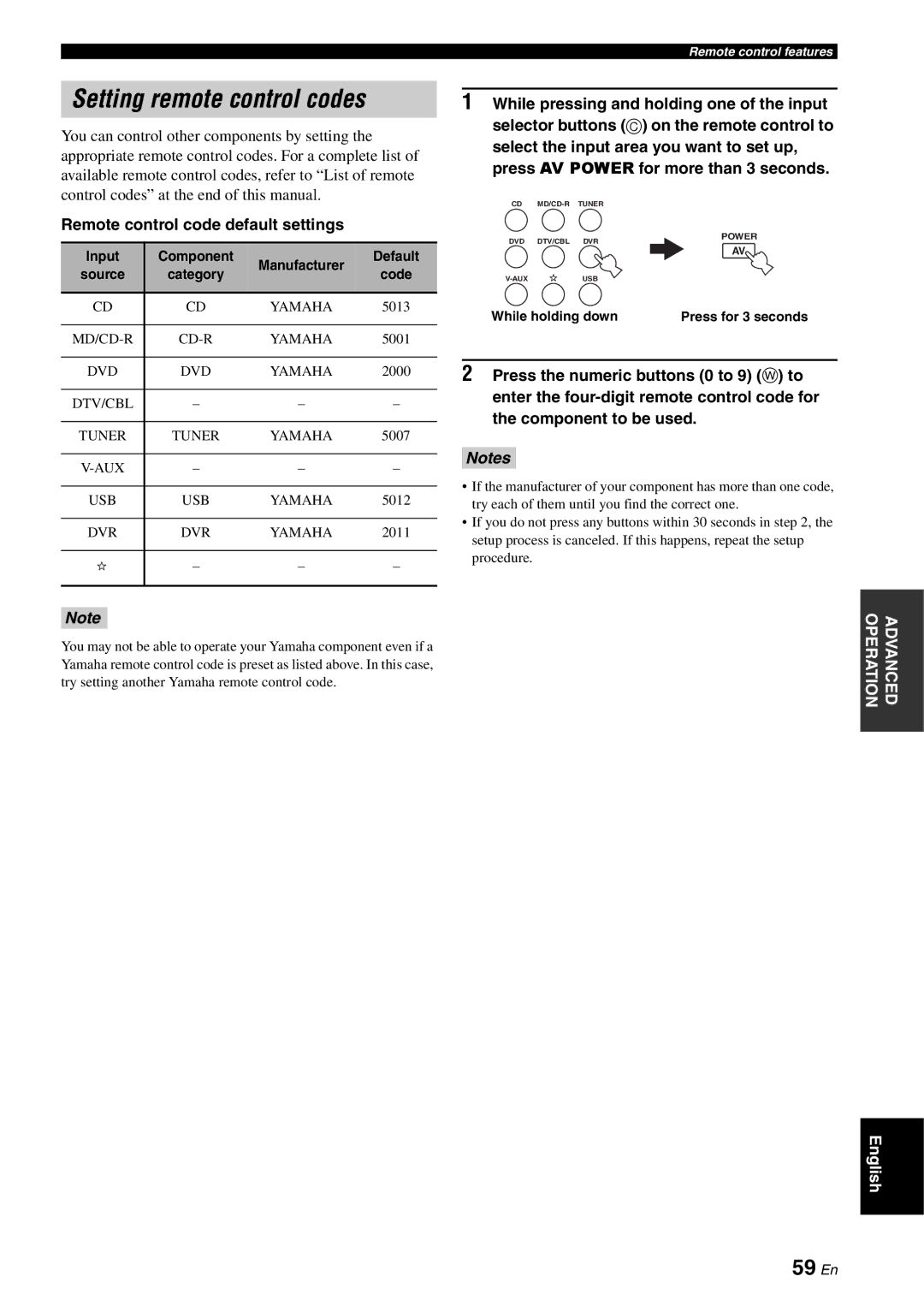 Yamaha RX-V561 owner manual Setting remote control codes, 59 En, Remote control code default settings 