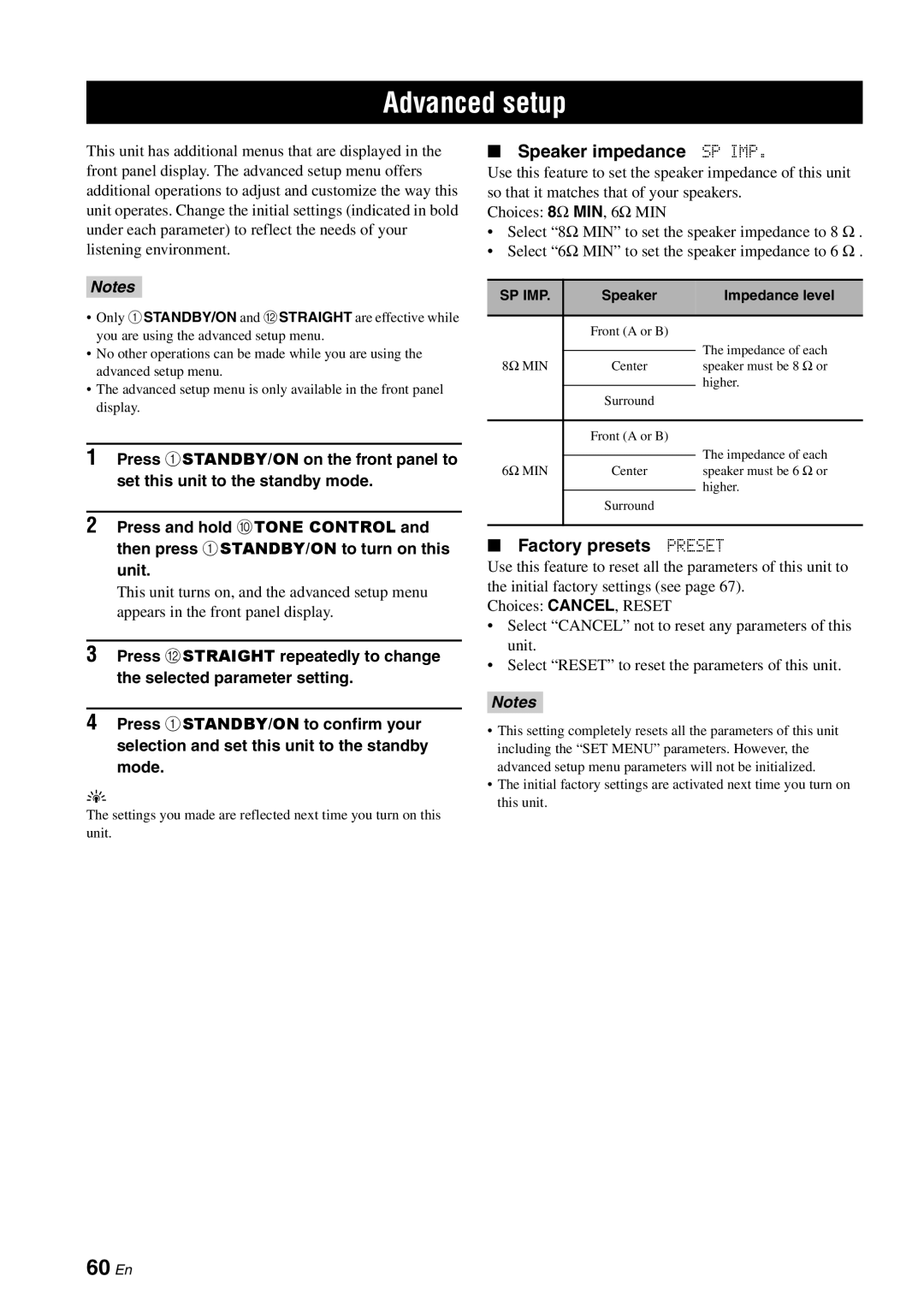 Yamaha RX-V561 Advanced setup, 60 En, Speaker impedance SP IMP, Factory presets Preset, Speaker Impedance level 