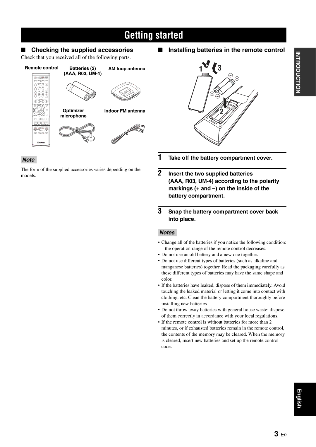 Yamaha RX-V561 Getting started, Check that you received all of the following parts, Remote control, AM loop antenna 