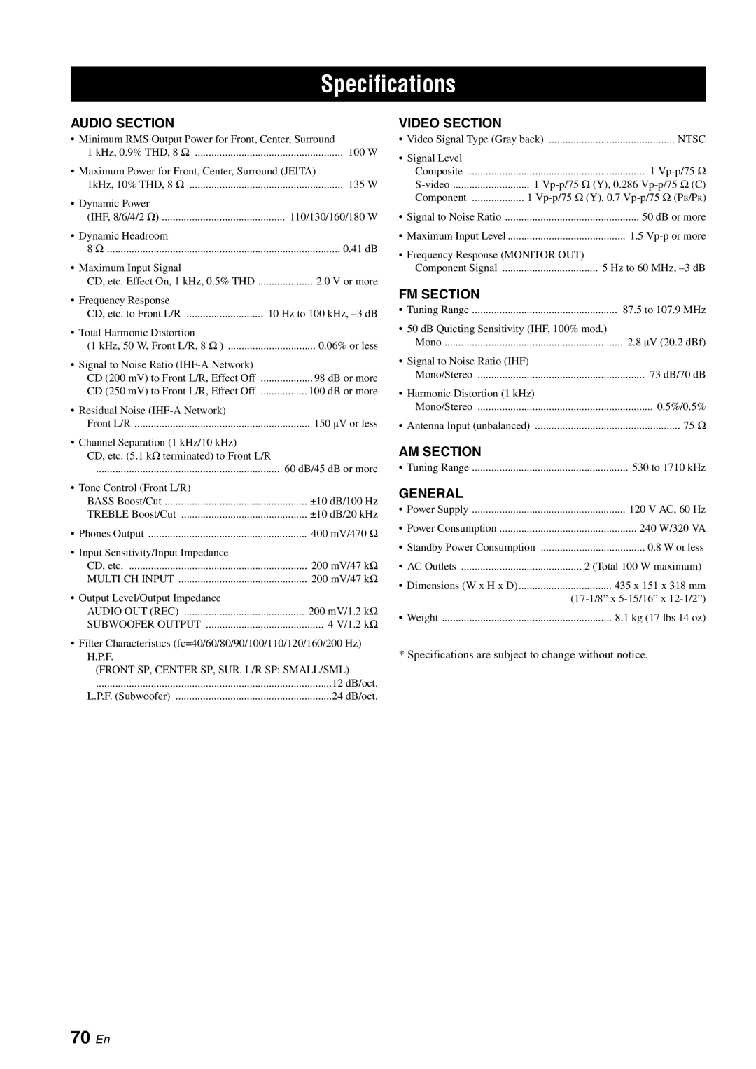 Yamaha RX-V561 owner manual Specifications, 70 En 