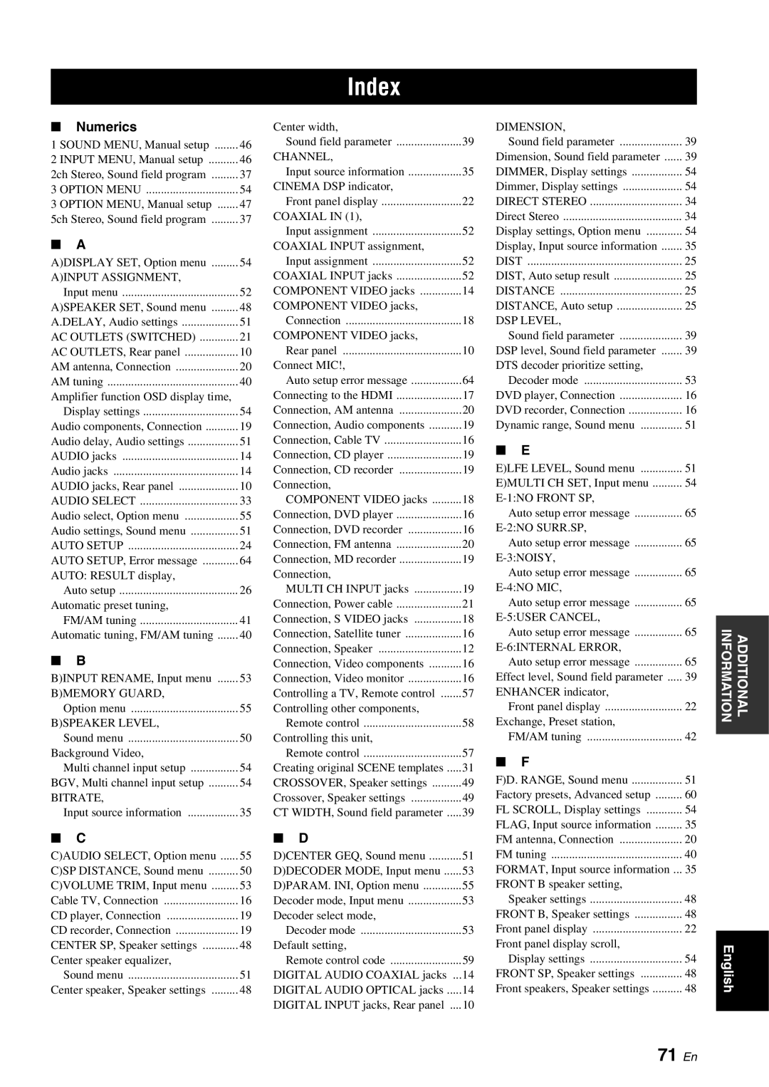 Yamaha RX-V561 owner manual Index, 71 En, Numerics 