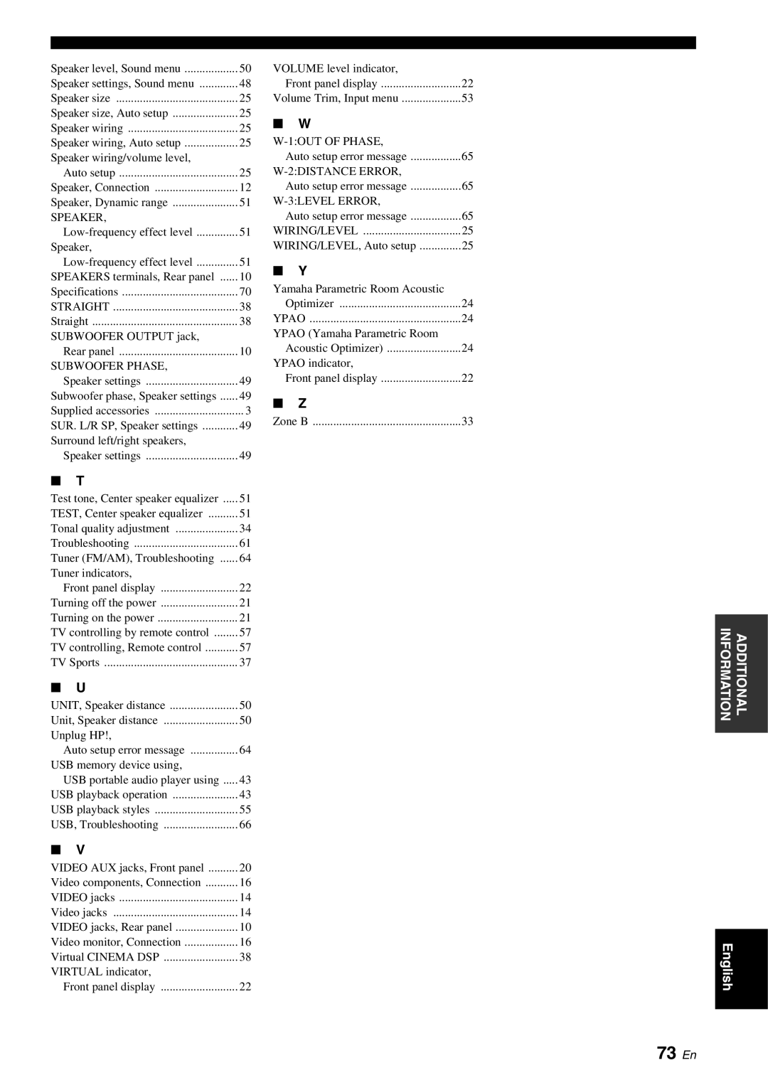 Yamaha RX-V561 owner manual 73 En, Speaker 