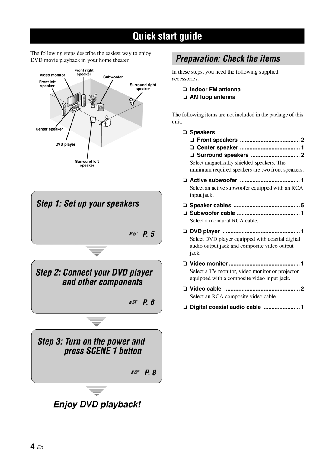 Yamaha RX-V561 owner manual Quick start guide, Set up your speakers, Enjoy DVD playback 