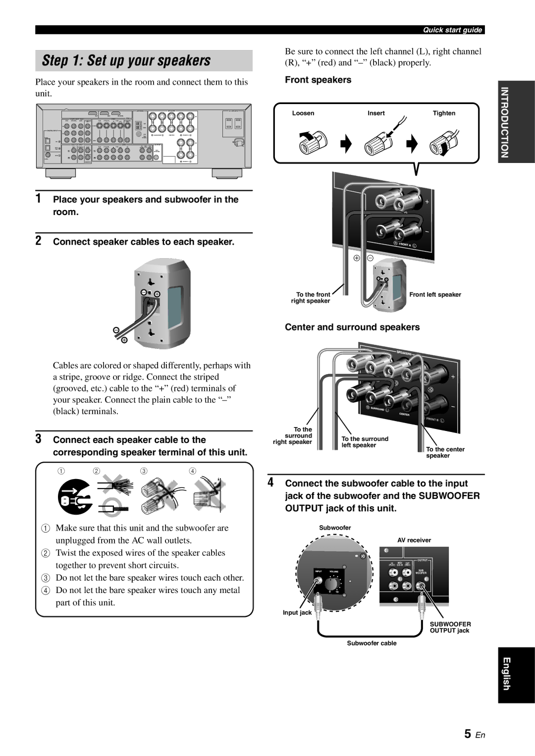 Yamaha RX-V561 owner manual Center and surround speakers 