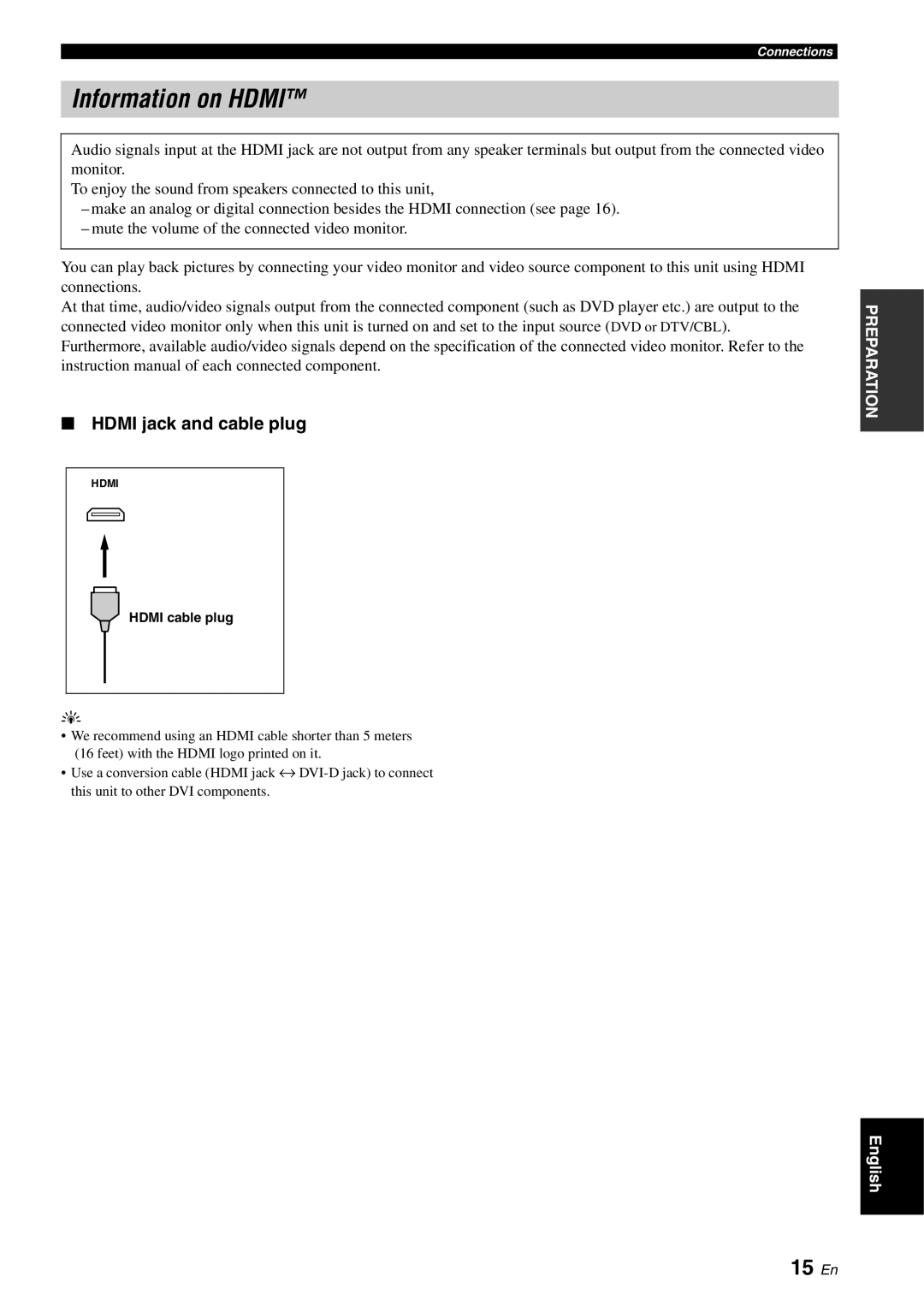 Yamaha RX-V561 owner manual Information on HDMI, 15 En, HDMI jack and cable plug 