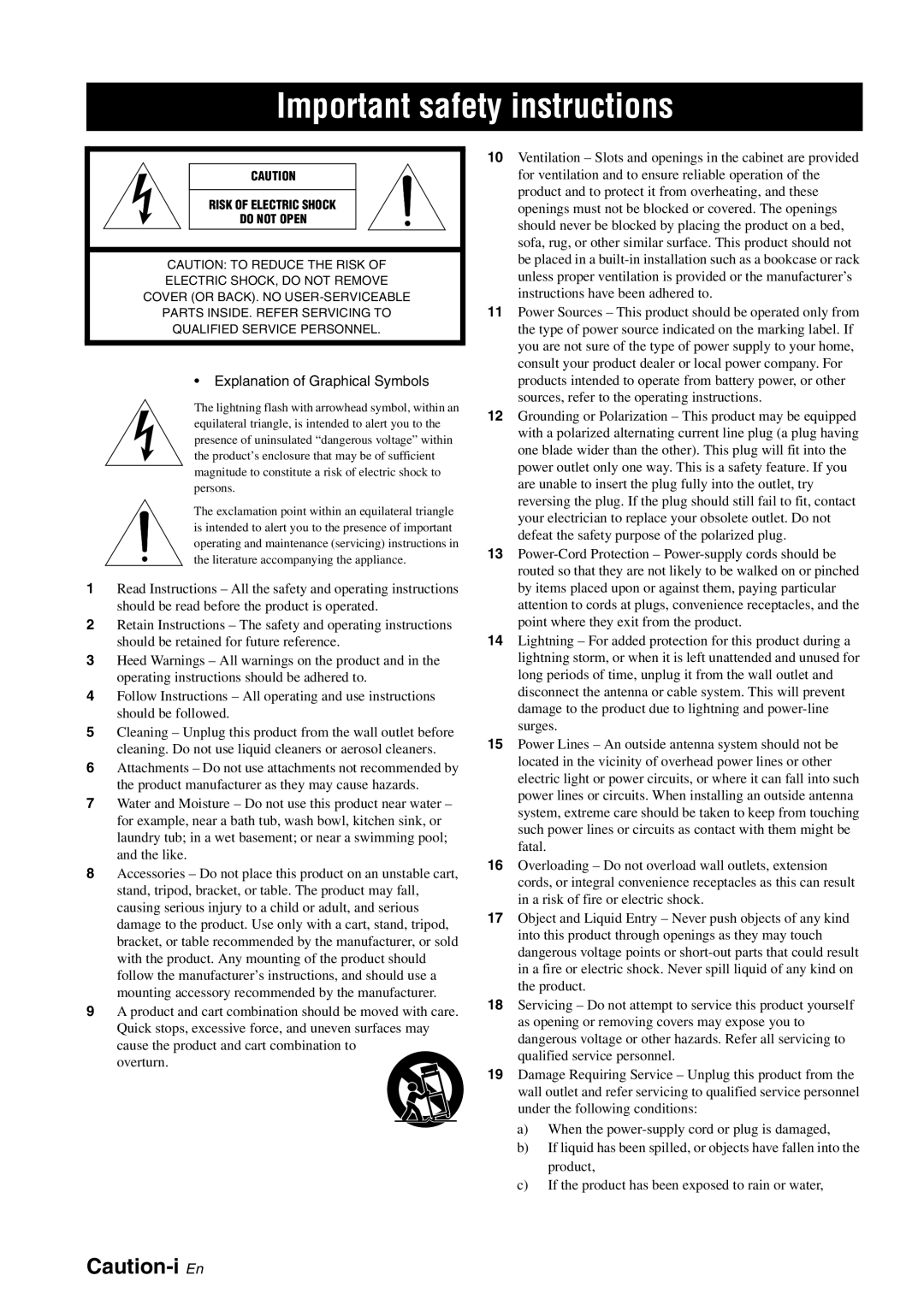 Yamaha RX-V561 owner manual Important safety instructions, Caution-i En 