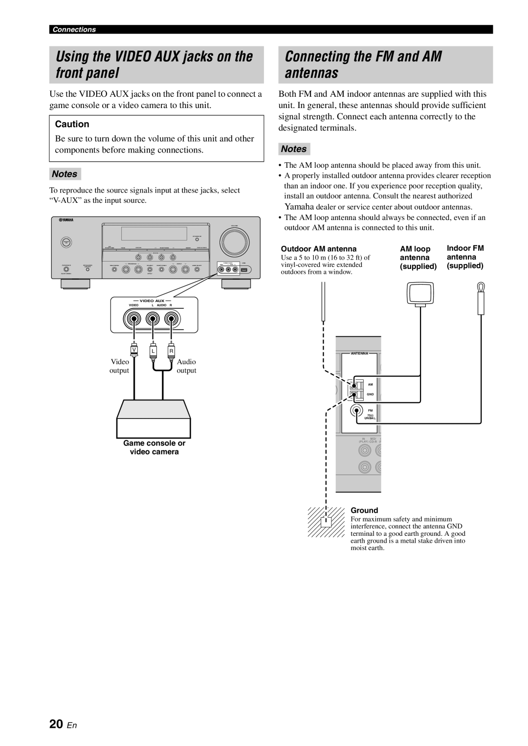 Yamaha RX-V561 owner manual Using the VIDEO AUX jacks on the front panel, Connecting the FM and AM antennas, 20 En, Notes 