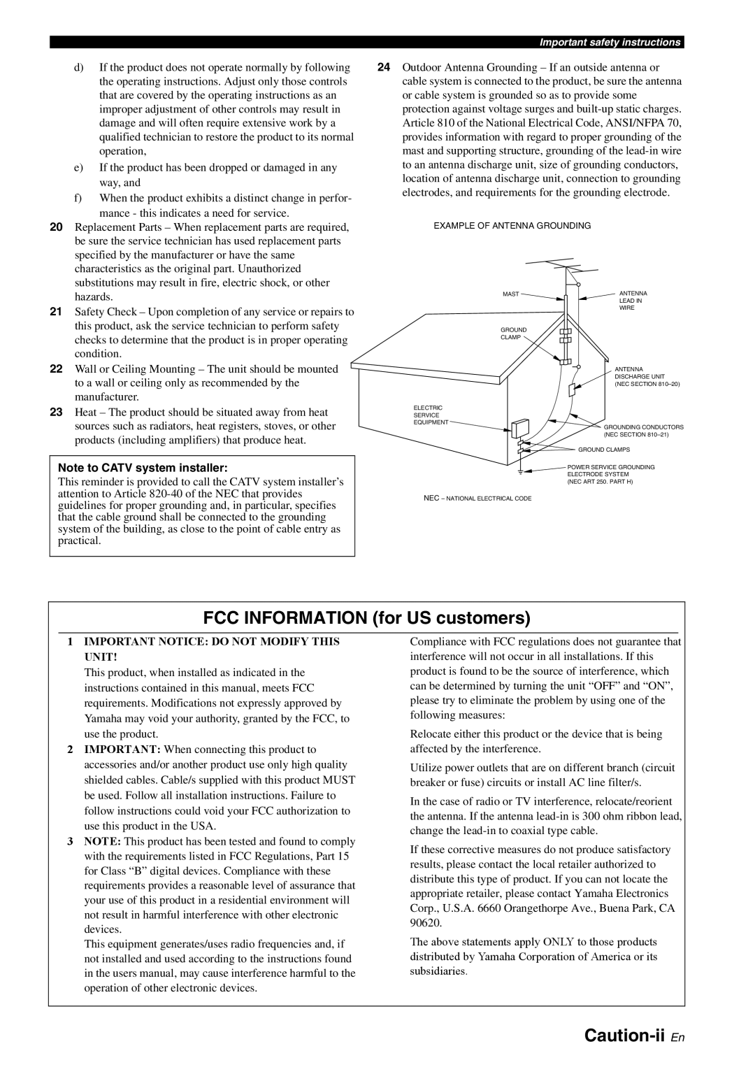 Yamaha RX-V561 owner manual FCC INFORMATION for US customers, Caution-ii En, Note to CATV system installer 