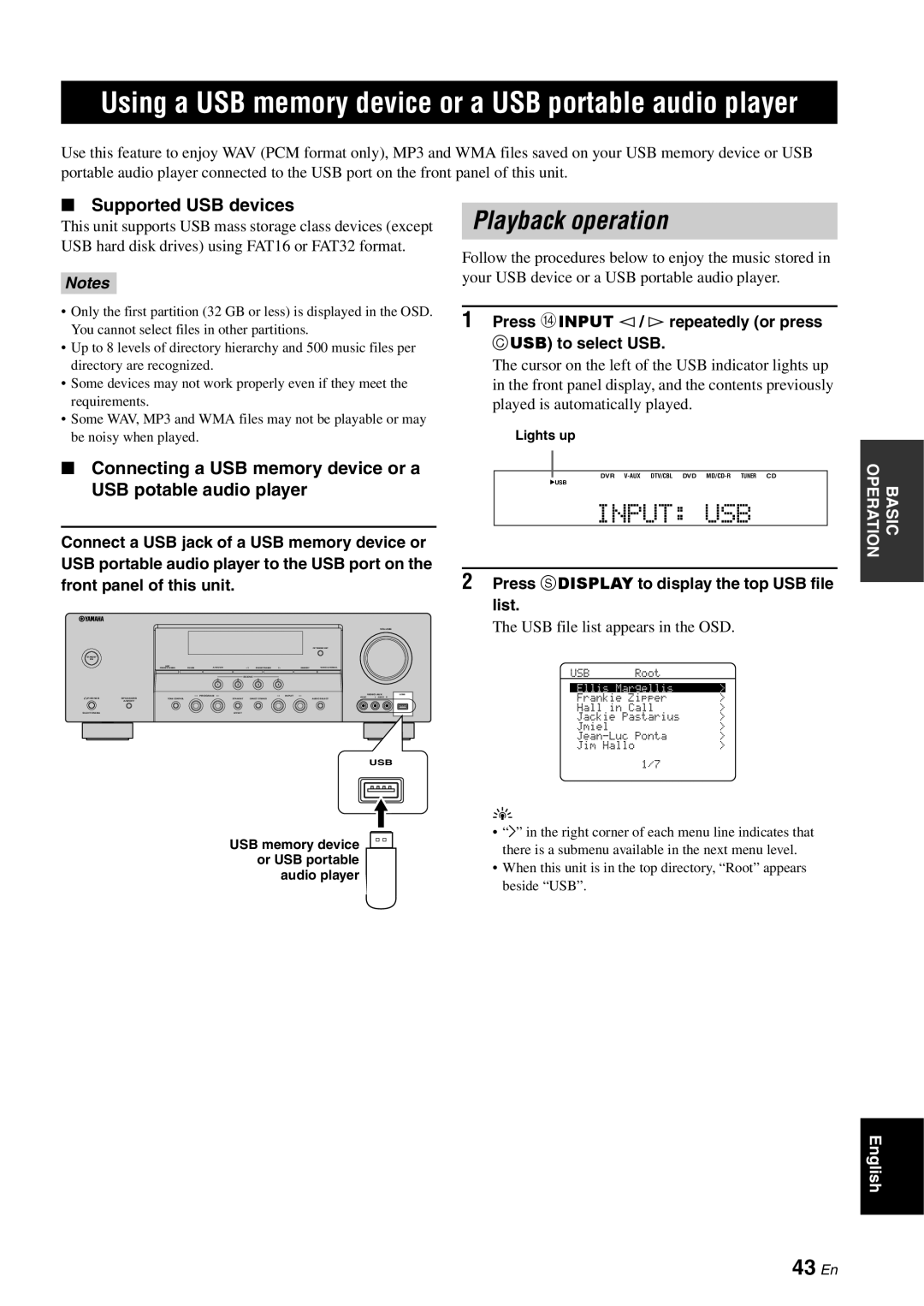 Yamaha RX-V561 owner manual Playback operation, 43 En, Supported USB devices, Notes 