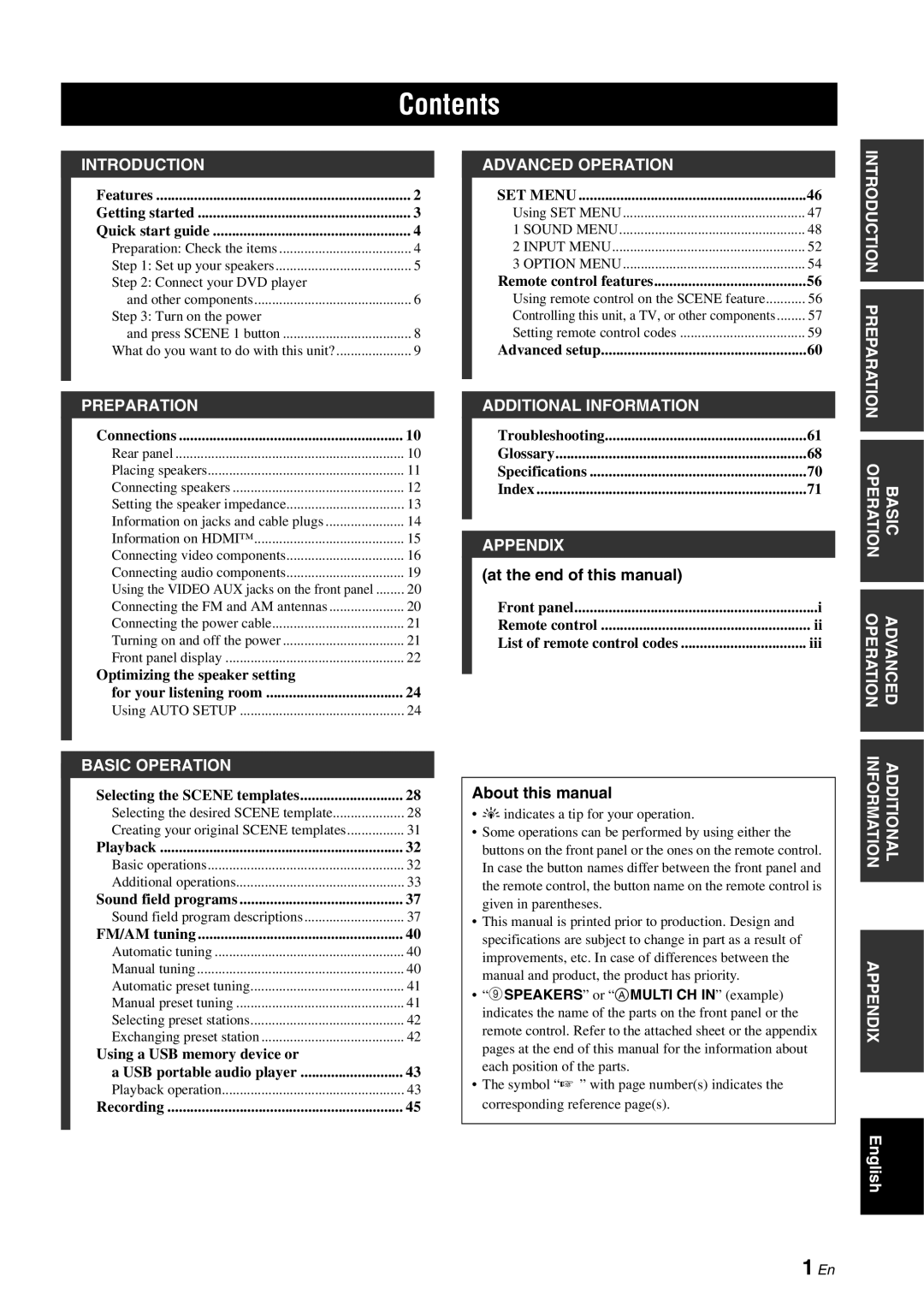 Yamaha RX-V561 owner manual Contents, 1 En 