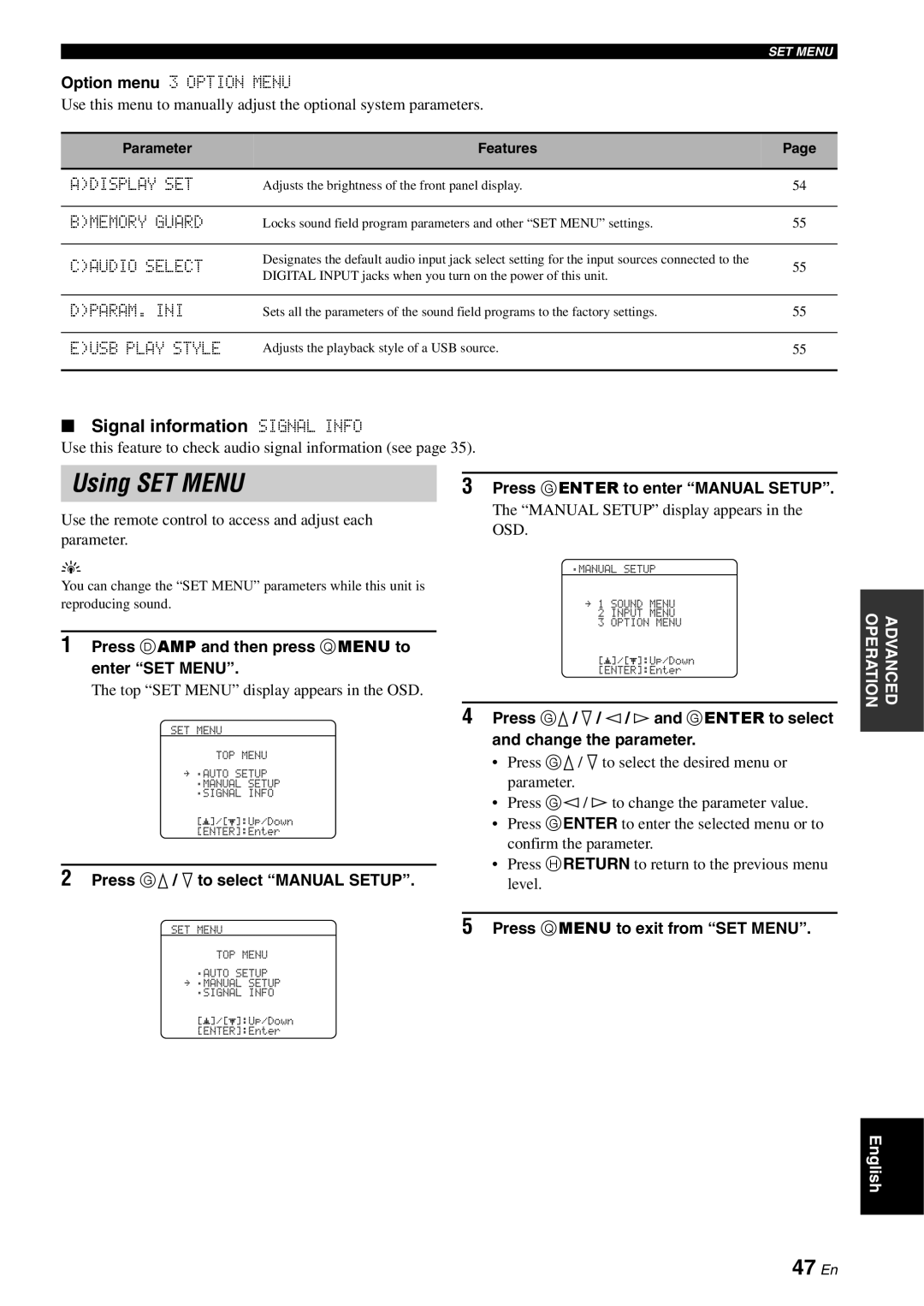 Yamaha RX-V561 owner manual Using SET MENU, 47 En, Signal information SIGNAL INFO 