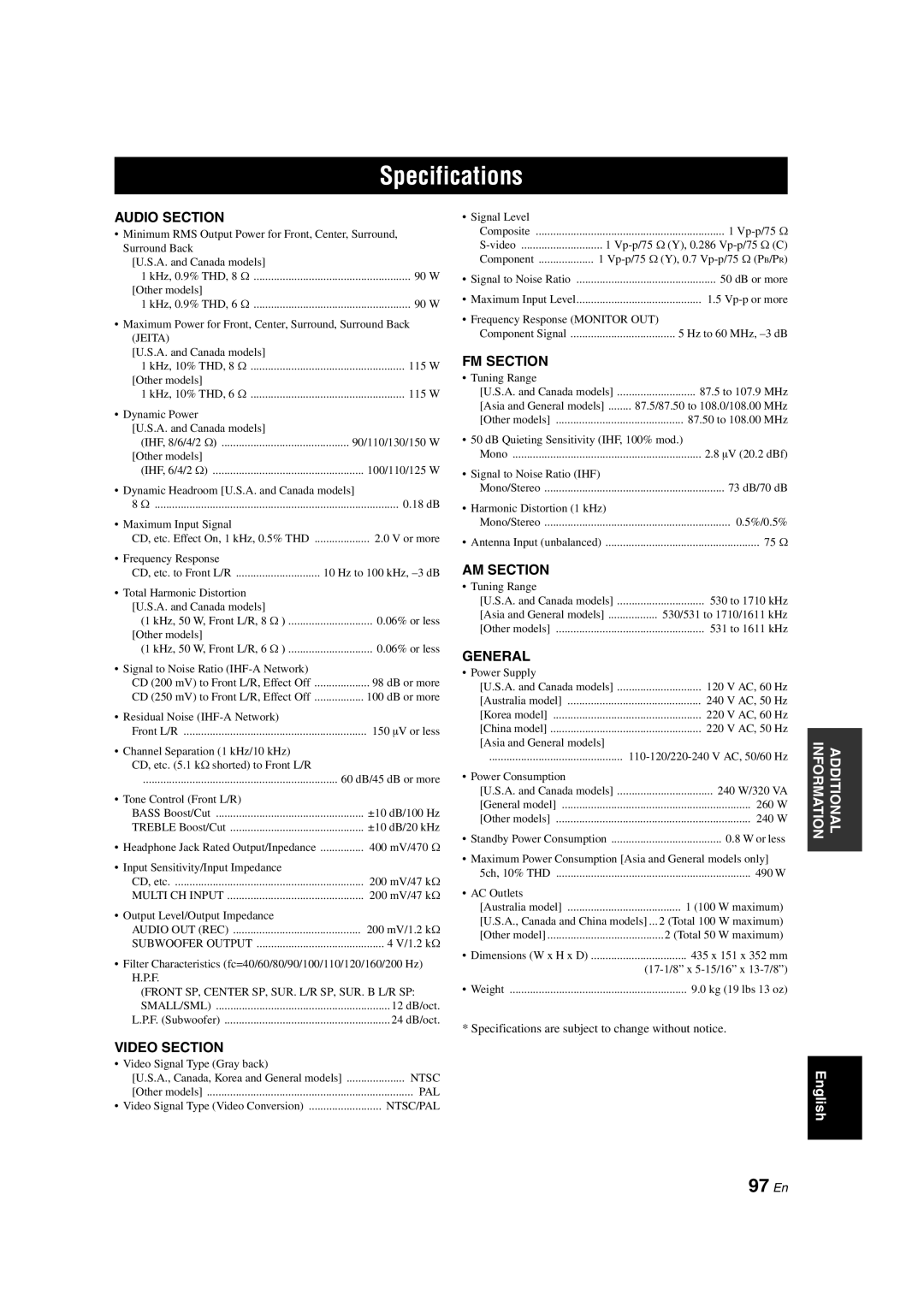 Yamaha RX-V563 owner manual Specifications, 97 En 