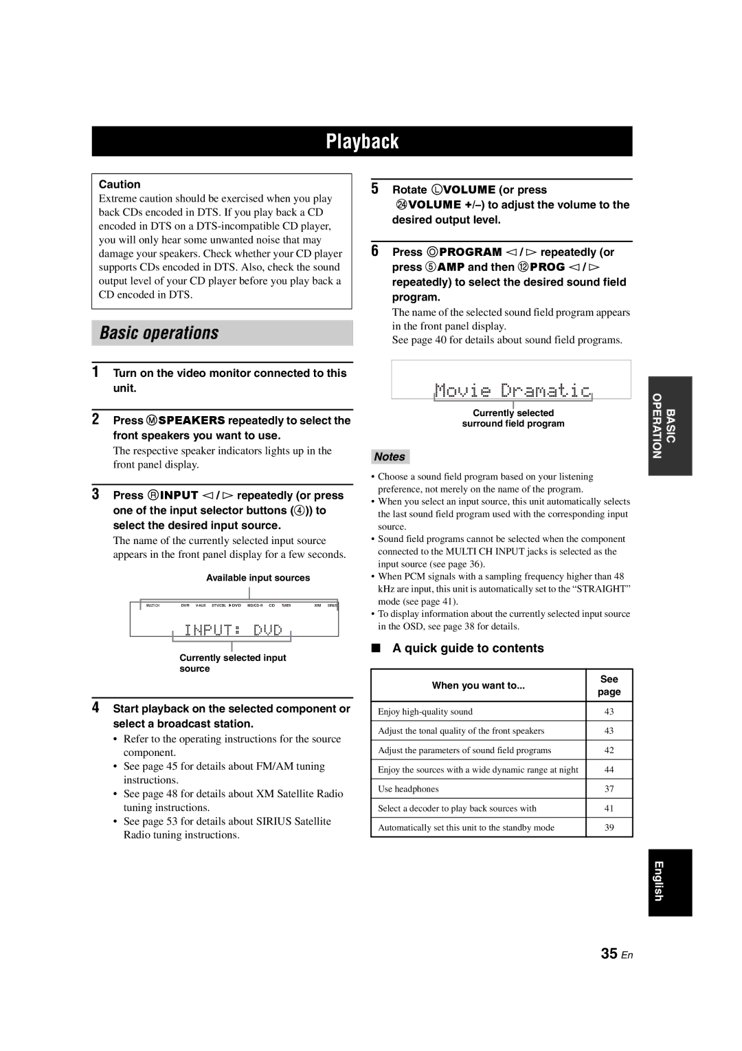 Yamaha RX-V563 owner manual Playback, Basic operations, 35 En, Quick guide to contents 