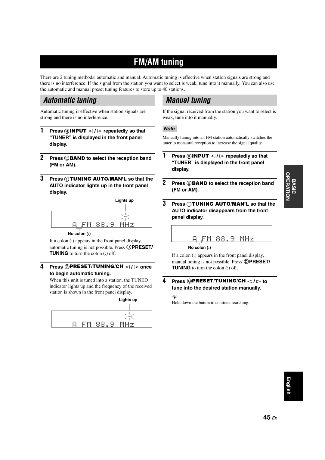 Yamaha RX-V563 owner manual FM/AM tuning, Automatic tuning, Manual tuning, 45 En 