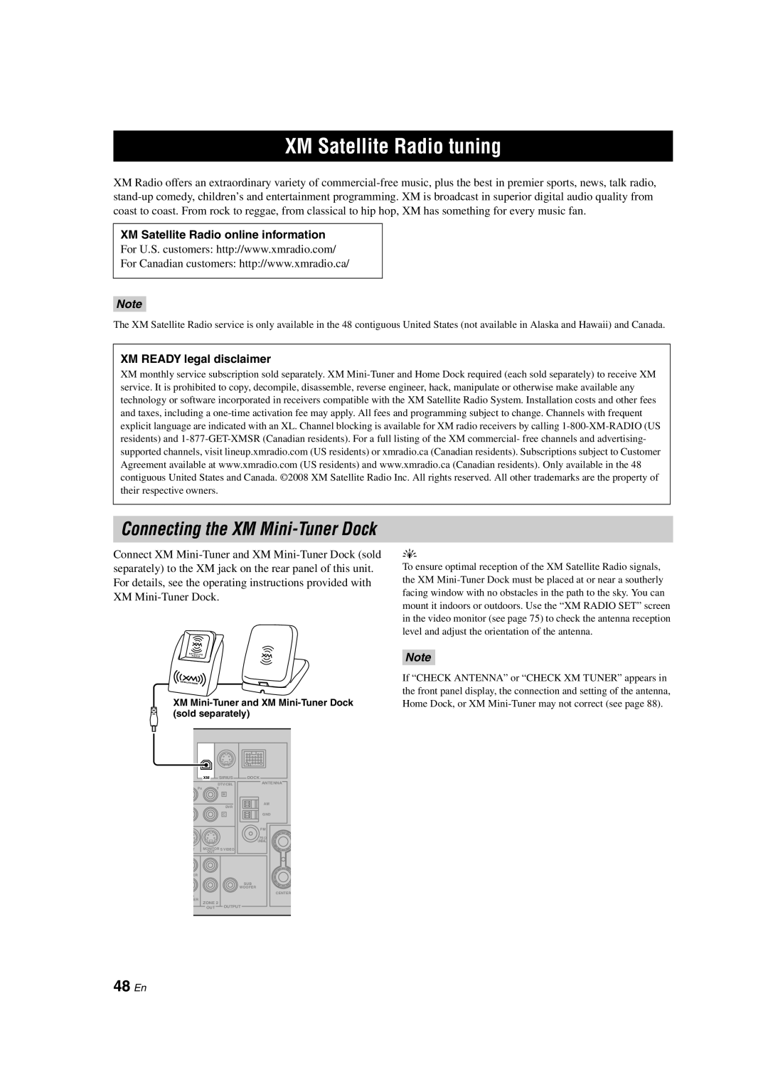 Yamaha RX-V563 XM Satellite Radio tuning, 48 En, XM Satellite Radio online information, XM Ready legal disclaimer 