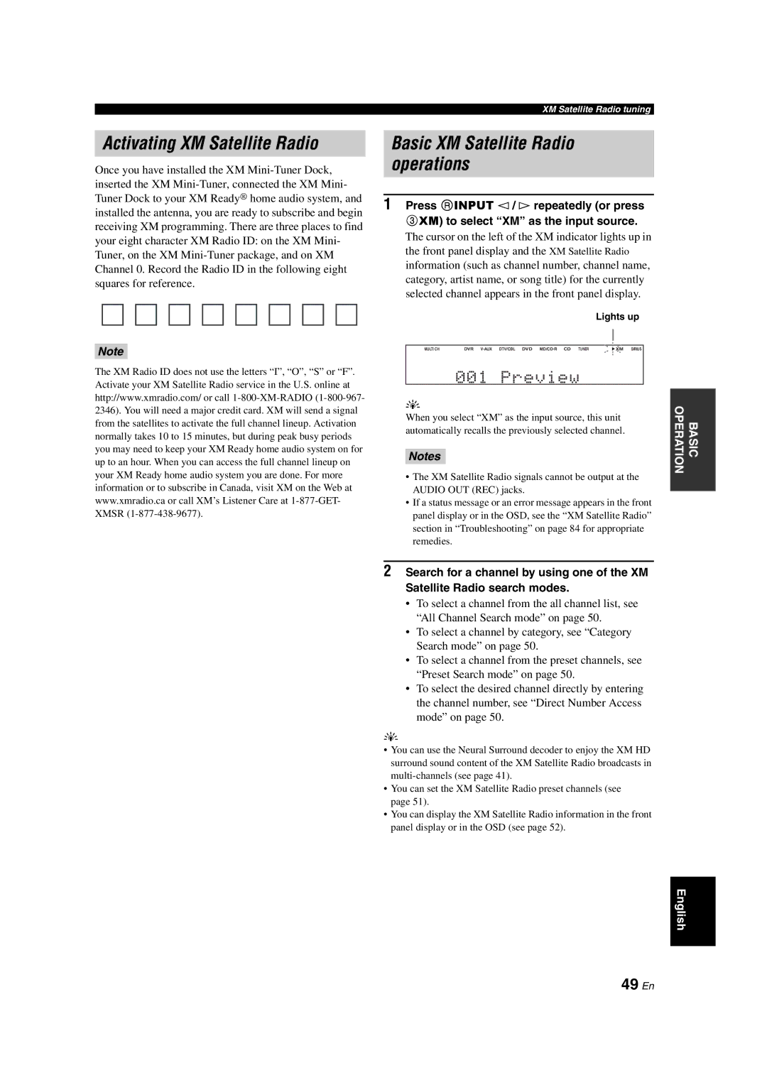 Yamaha RX-V563 owner manual Activating XM Satellite Radio, Basic XM Satellite Radio operations, 49 En 