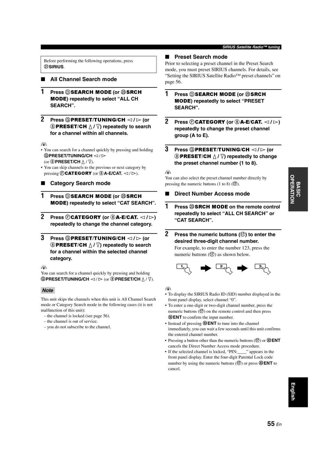 Yamaha RX-V563 owner manual 55 En, PRESET/TUNING/CH l/ h or 8PRESET/CH k/ n, PRESET/TUNING/CH l/ hor 8PRESET/CH k/ n 