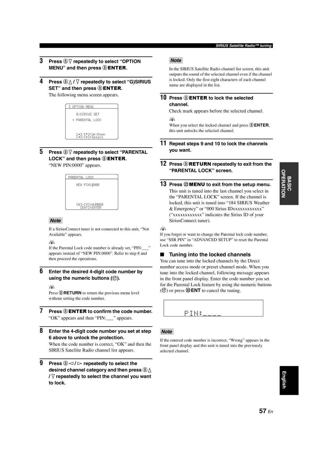 Yamaha RX-V563 owner manual 57 En, Tuning into the locked channels, Press 8ENTER to confirm the code number 