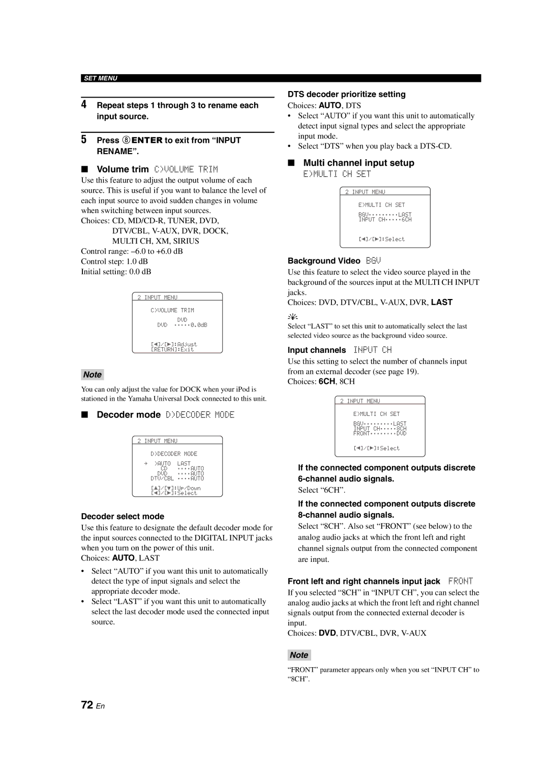 Yamaha RX-V563 owner manual 72 En, Multi channel input setup 