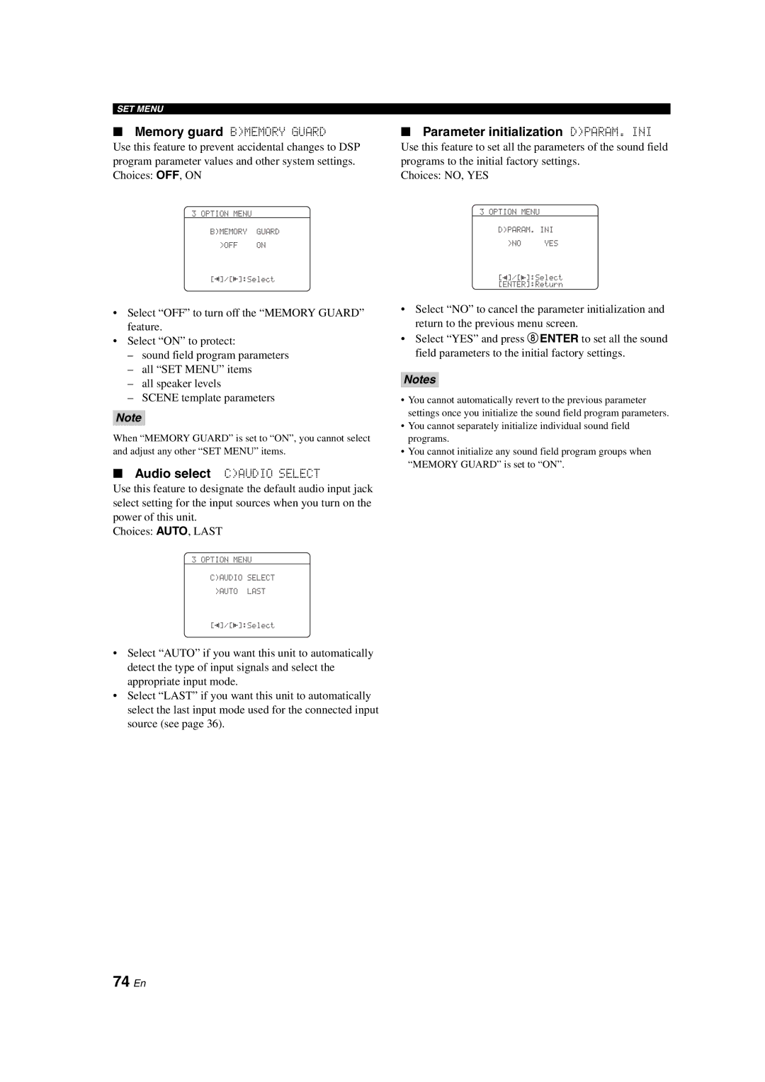 Yamaha RX-V563 74 En, Parameter initialization DPARAM. INI, Memory guard Bmemory Guard, Audio select Caudio Select 