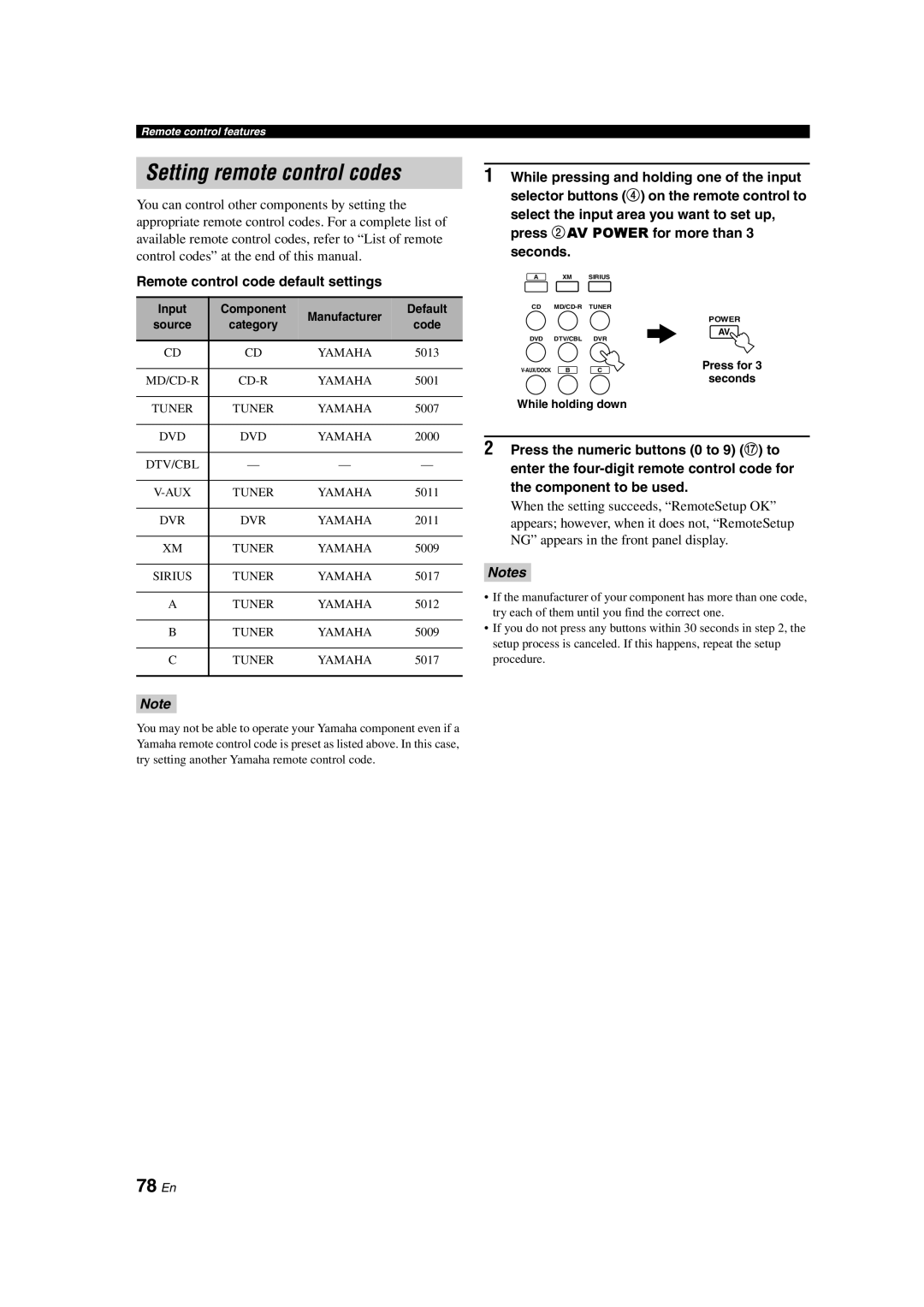 Yamaha RX-V563 owner manual Setting remote control codes, 78 En, Remote control code default settings 