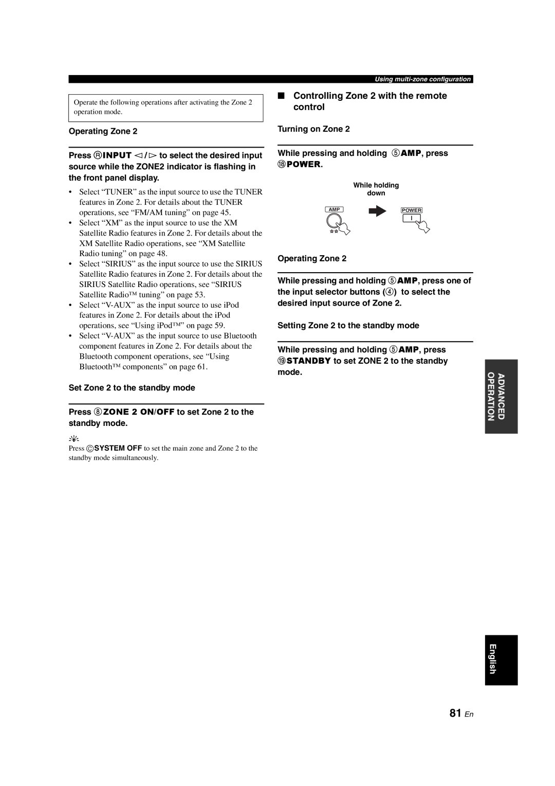 Yamaha RX-V563 81 En, Controlling Zone 2 with the remote control, Turning on Zone While pressing and holding 5AMP, press 