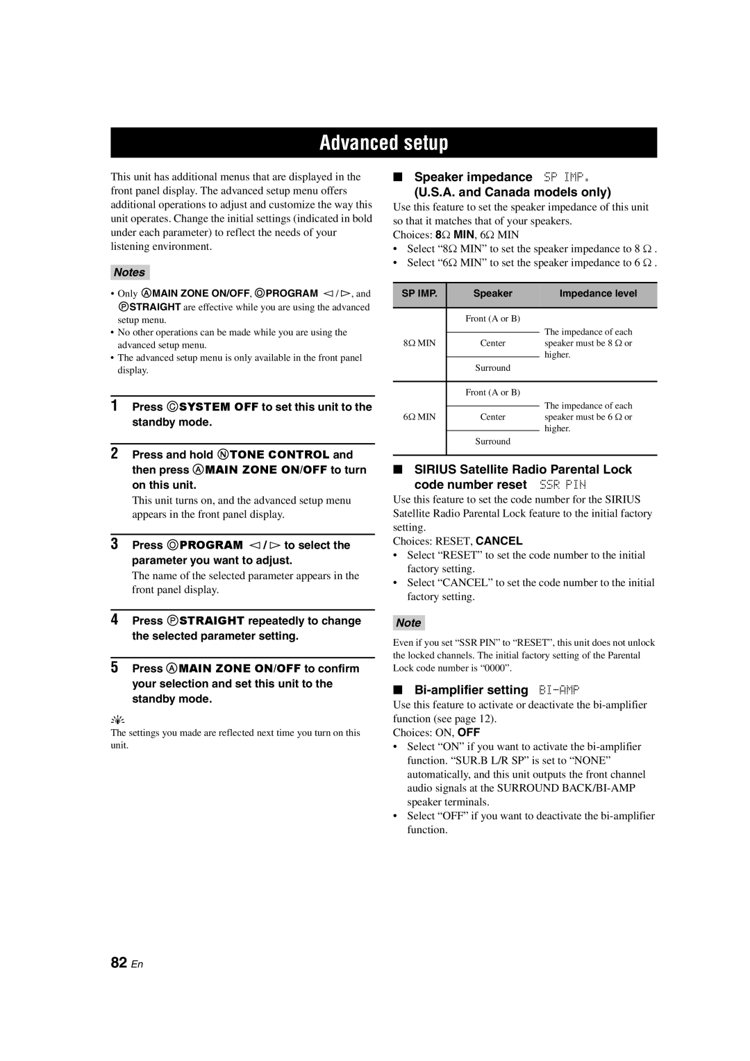 Yamaha RX-V563 Advanced setup, 82 En, Speaker impedance SP IMP A. and Canada models only, Bi-amplifier setting BI-AMP 