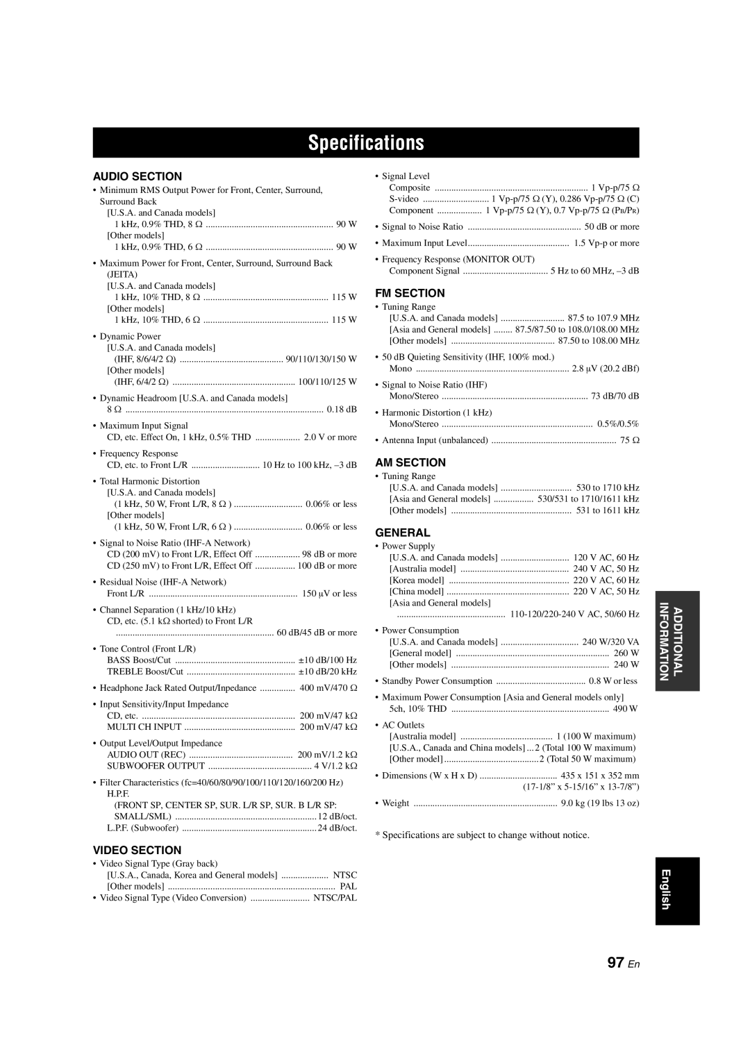 Yamaha RX-V563 owner manual Specifications, 97 En, Audio Section, Video Section, Fm Section, Am Section, General 