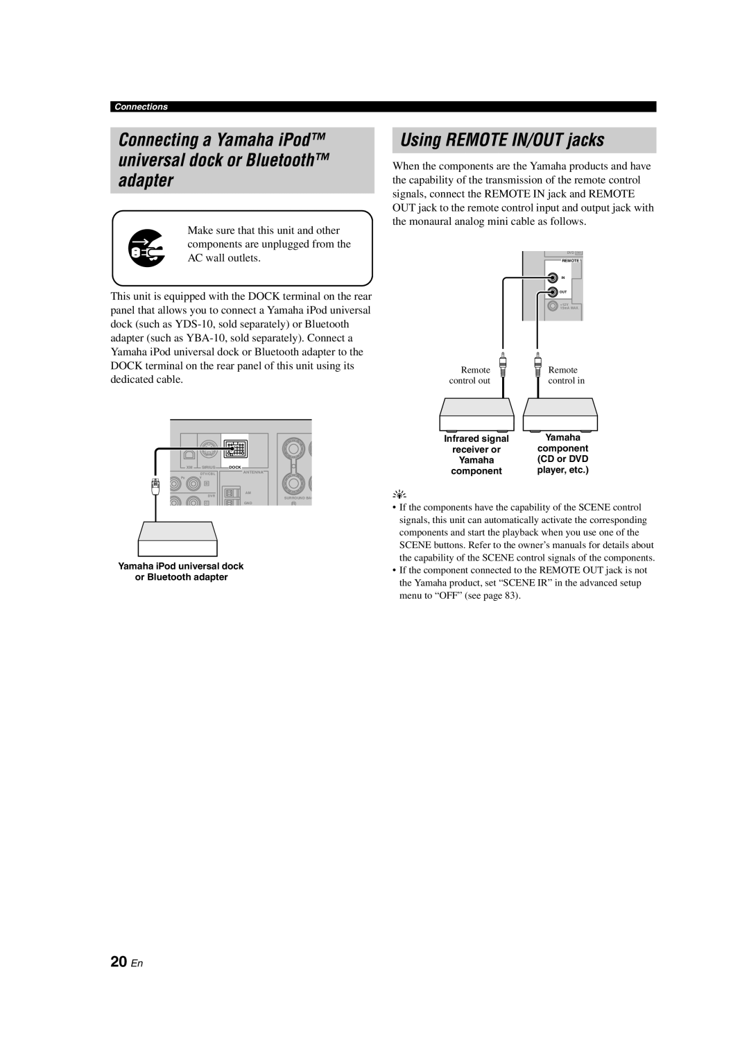 Yamaha RX-V563 owner manual Connecting a Yamaha iPod universal dock or Bluetooth adapter, Using REMOTE IN/OUT jacks, 20 En 