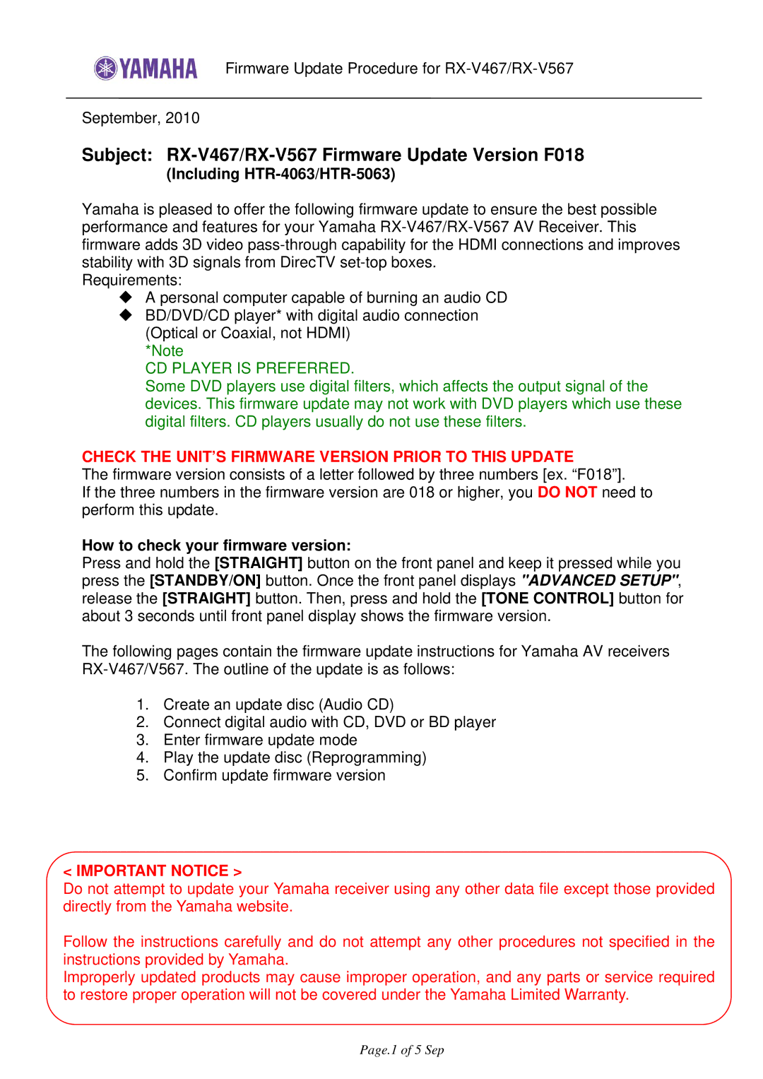 Yamaha warranty Subject RX-V467/RX-V567 Firmware Update Version F018, Including HTR-4063/HTR-5063, Important Notice 