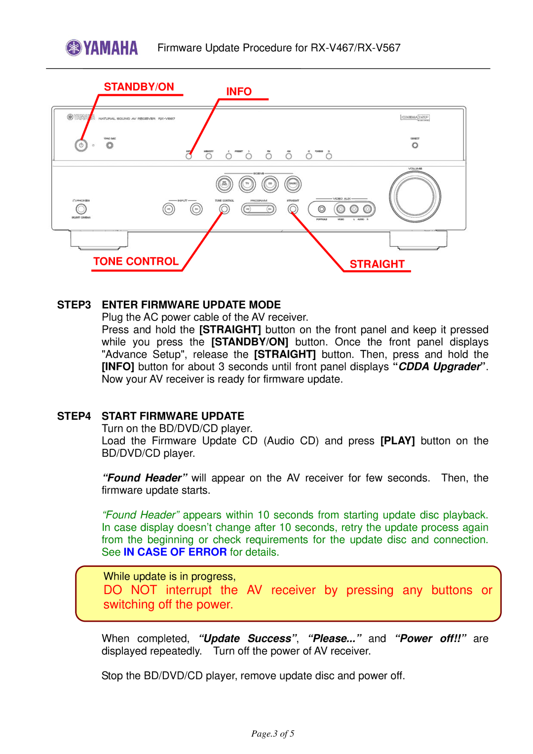 Yamaha 5063, RX-V567, RX-V467, HTR-4063 warranty STANDBY/ON Info Tone Control Straight, Start Firmware Update 