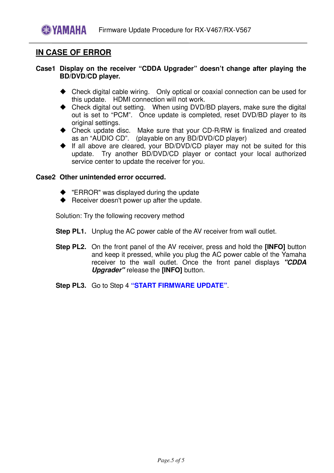 Yamaha RX-V467, RX-V567, HTR-4063, 5063 warranty Case of Error, Case2 Other unintended error occurred 