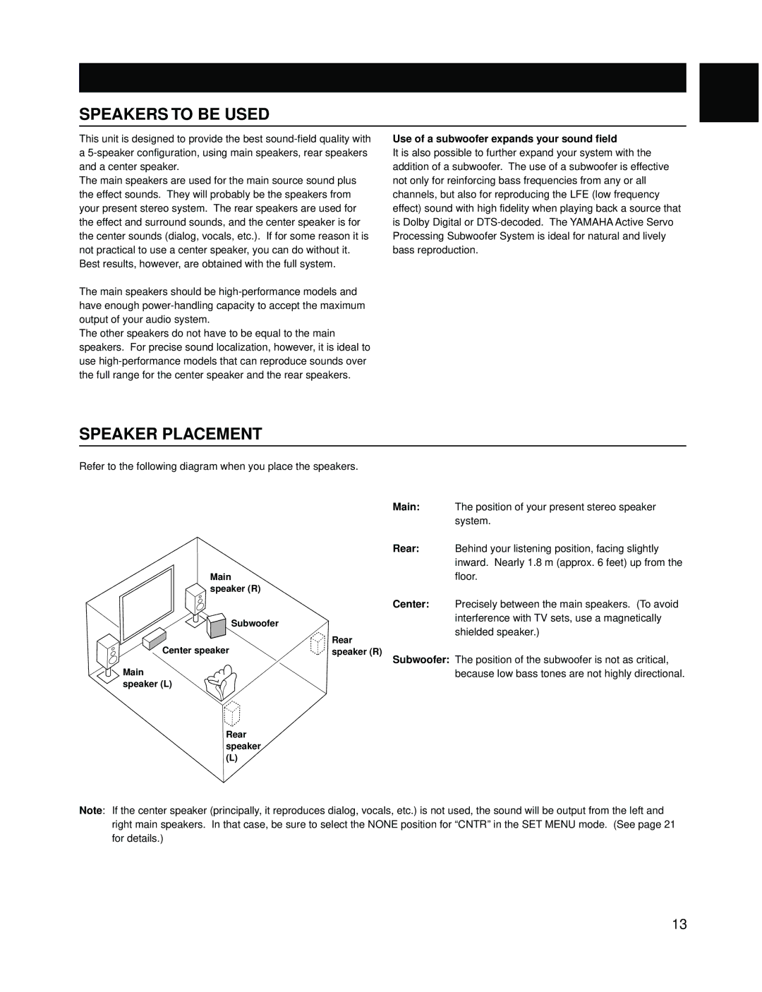 Yamaha RX-V595A owner manual Speaker Setup, Speakers to be Used, Speaker Placement 