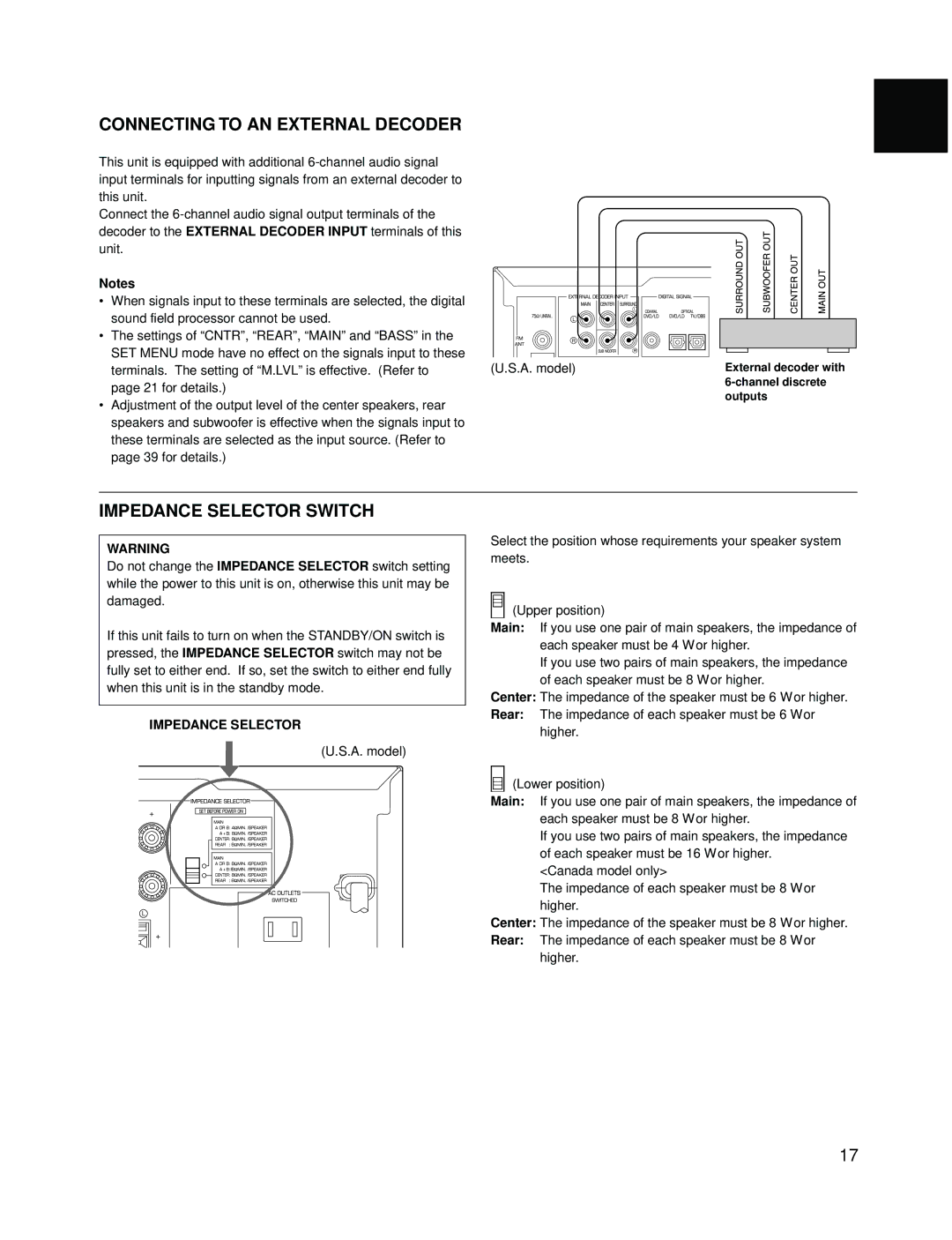 Yamaha RX-V595A owner manual Connecting to AN External Decoder, Impedance Selector Switch 