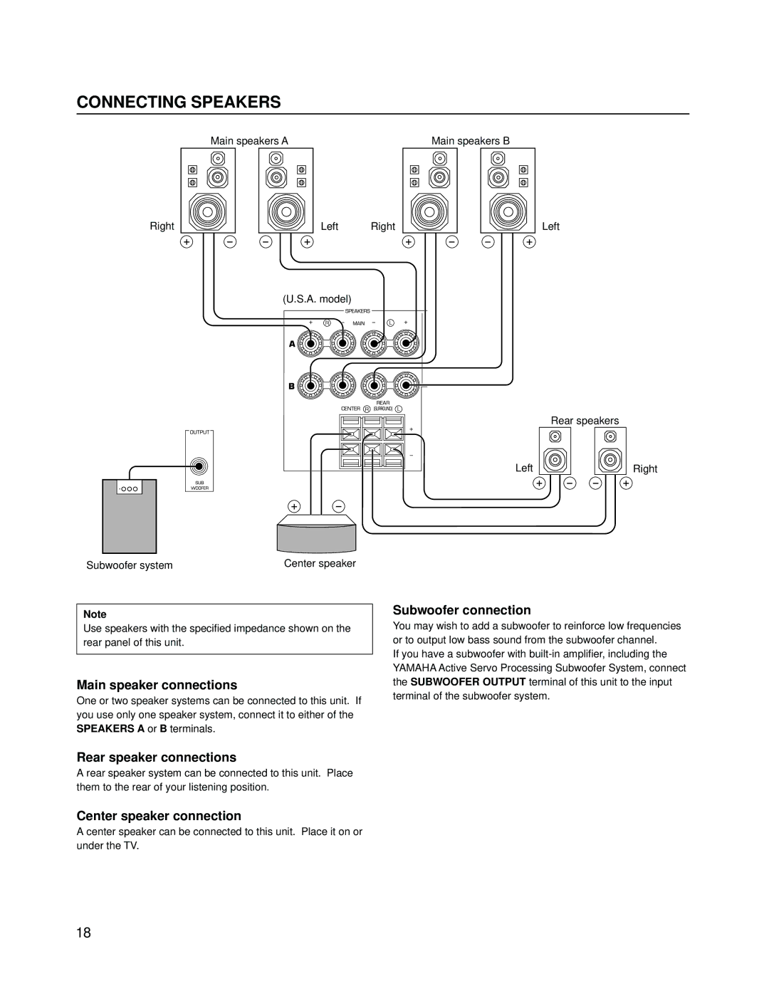 Yamaha RX-V595A owner manual Connecting Speakers, Main speaker connections, Subwoofer connection, Rear speaker connections 