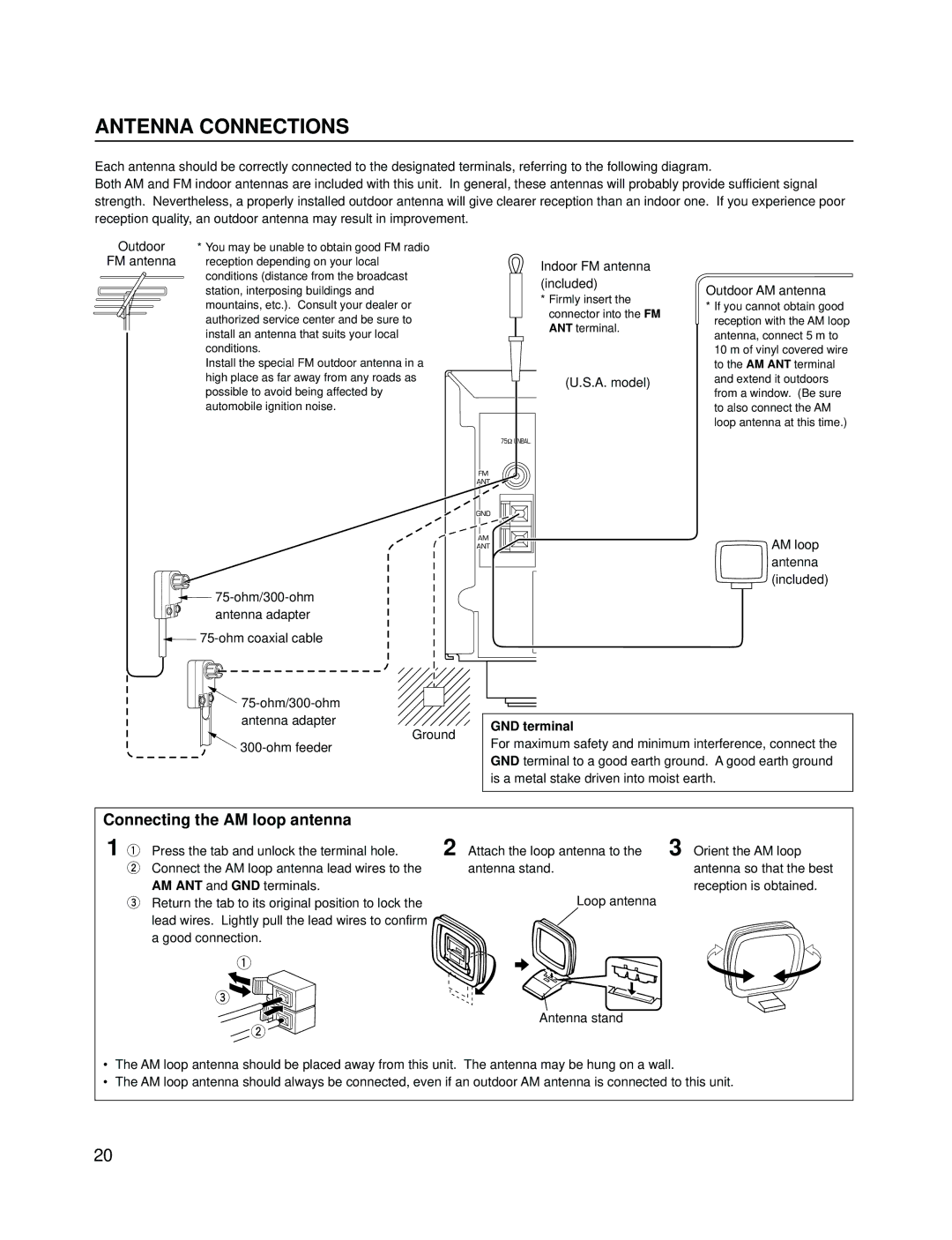 Yamaha RX-V595A owner manual Antenna Connections, Connecting the AM loop antenna, GND terminal 