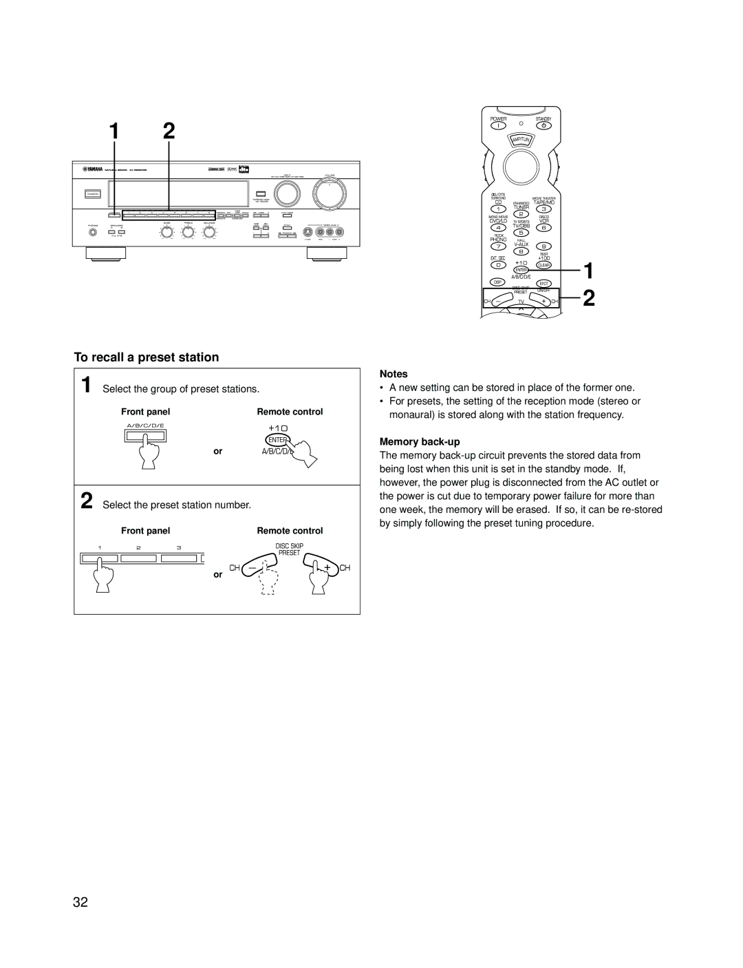 Yamaha RX-V595A owner manual To recall a preset station, Memory back-up 