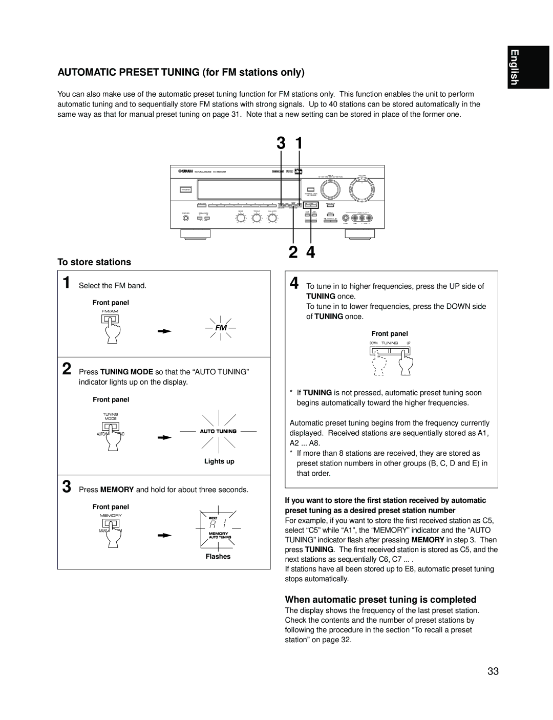 Yamaha RX-V595A owner manual Automatic Preset Tuning for FM stations only, When automatic preset tuning is completed 