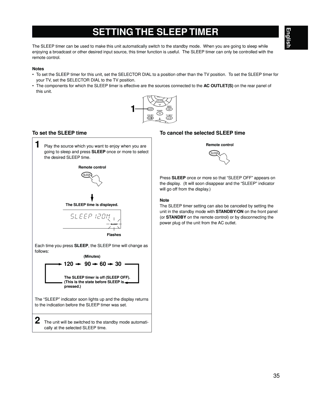 Yamaha RX-V595A owner manual Setting the Sleep Timer, 120 90 60, To set the Sleep time, To cancel the selected Sleep time 