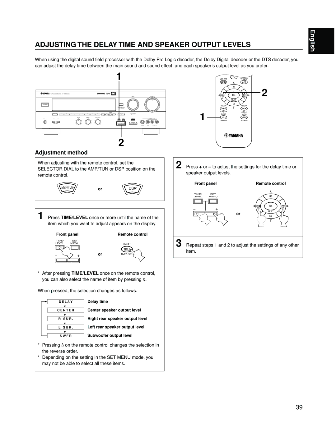 Yamaha RX-V595A owner manual Adjusting the Delay Time and Speaker Output Levels, Adjustment method 