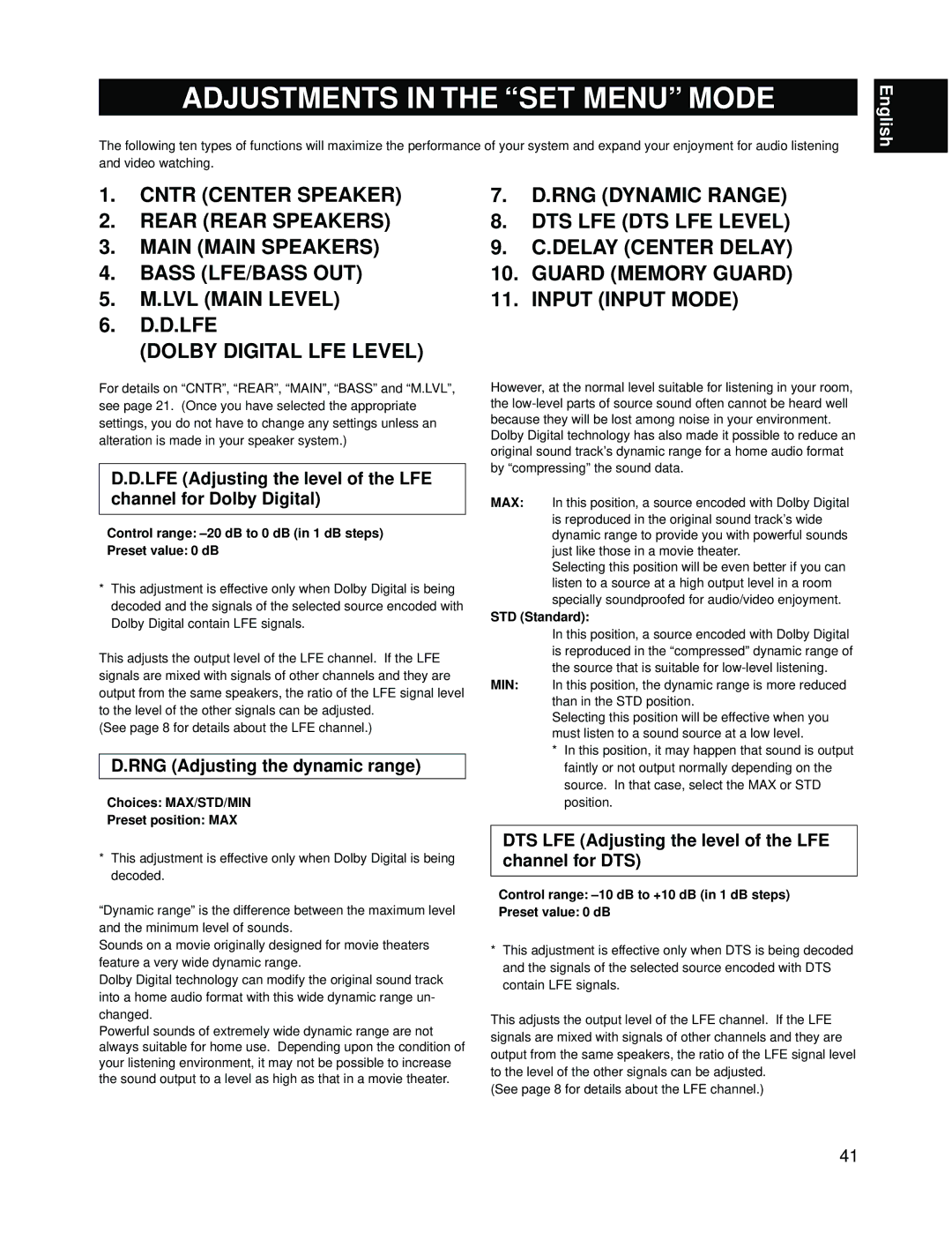 Yamaha RX-V595A owner manual Adjustments in the SET Menu Mode 