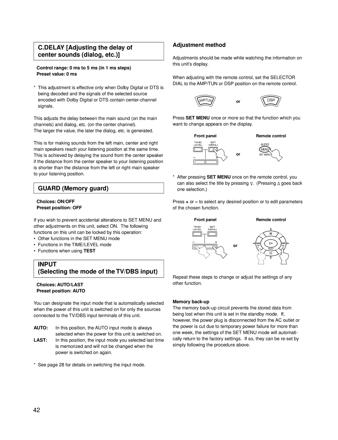 Yamaha RX-V595A owner manual Delay Adjusting the delay of center sounds dialog, etc, Guard Memory guard, Input 