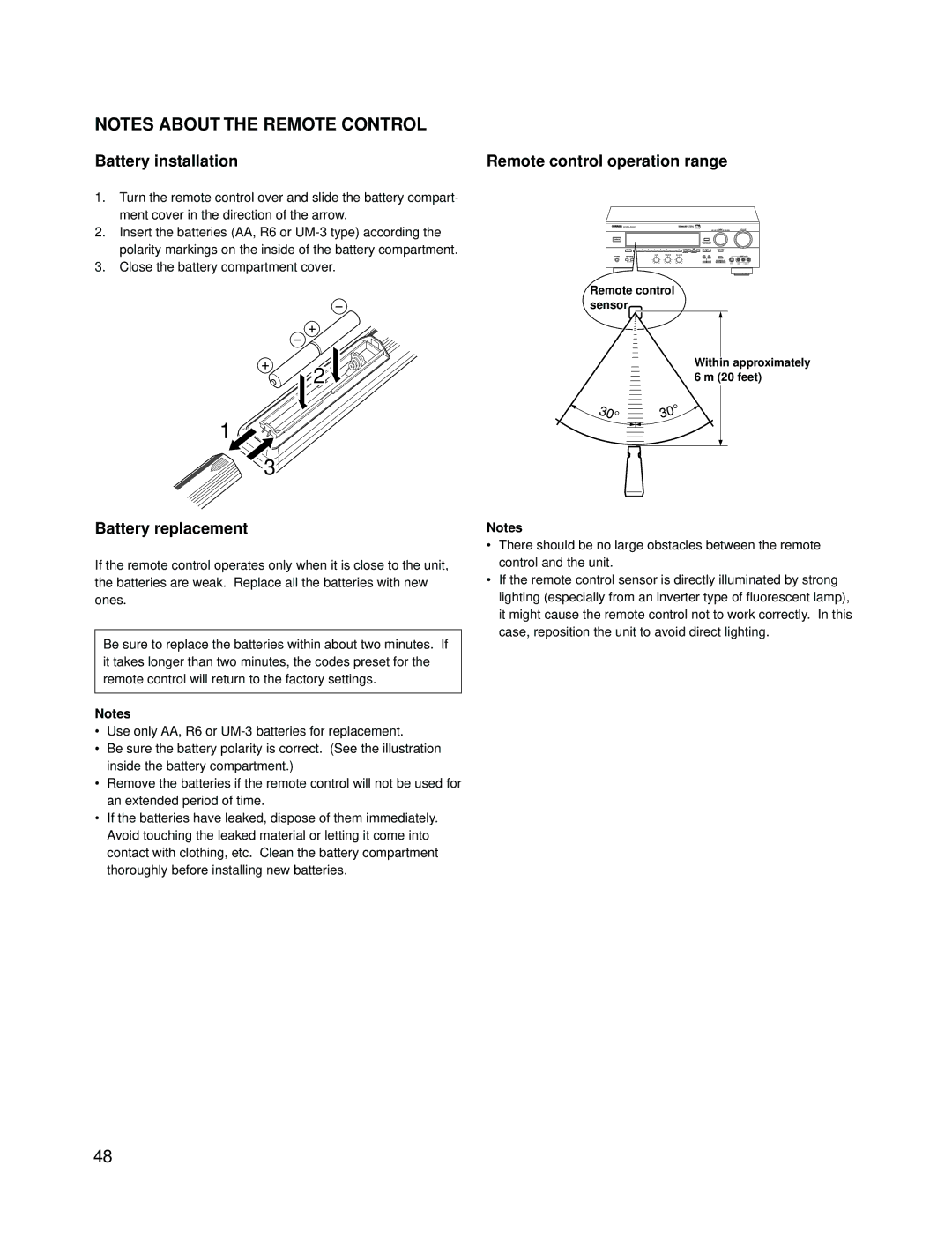 Yamaha RX-V595A owner manual Battery installation, Battery replacement, Remote control operation range 