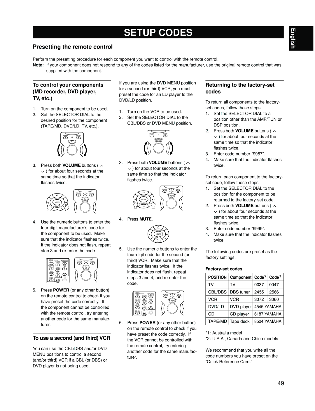 Yamaha RX-V595A Setup Codes, Presetting the remote control, To control your components MD recorder, DVD player, TV, etc 