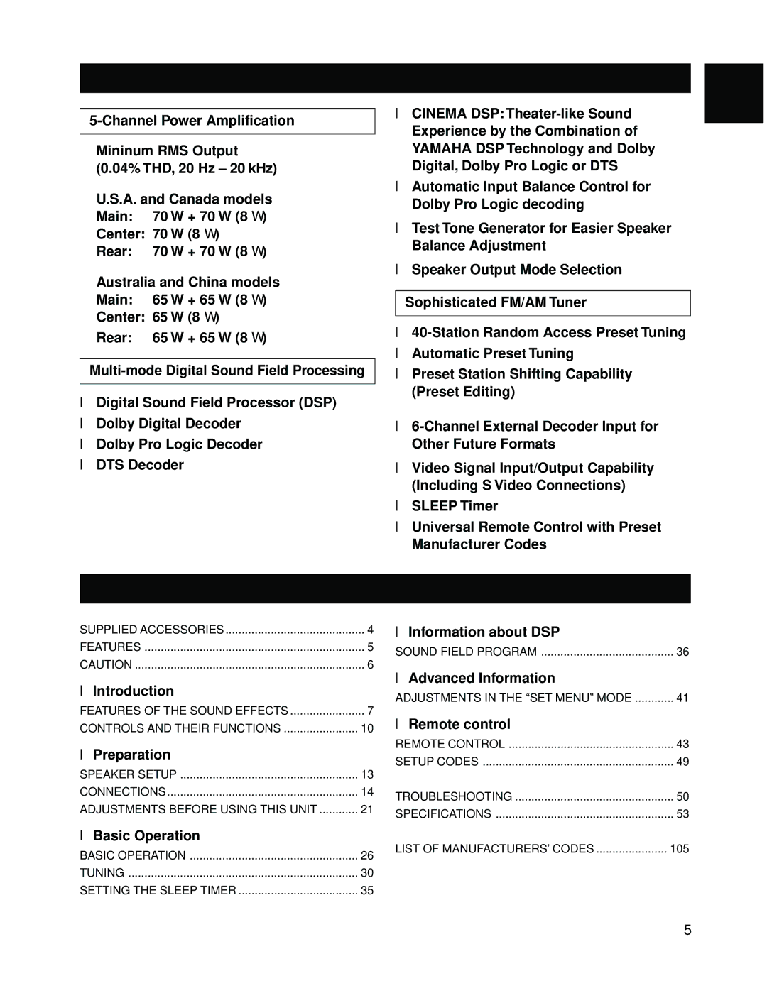 Yamaha RX-V595A owner manual Features, Contents 