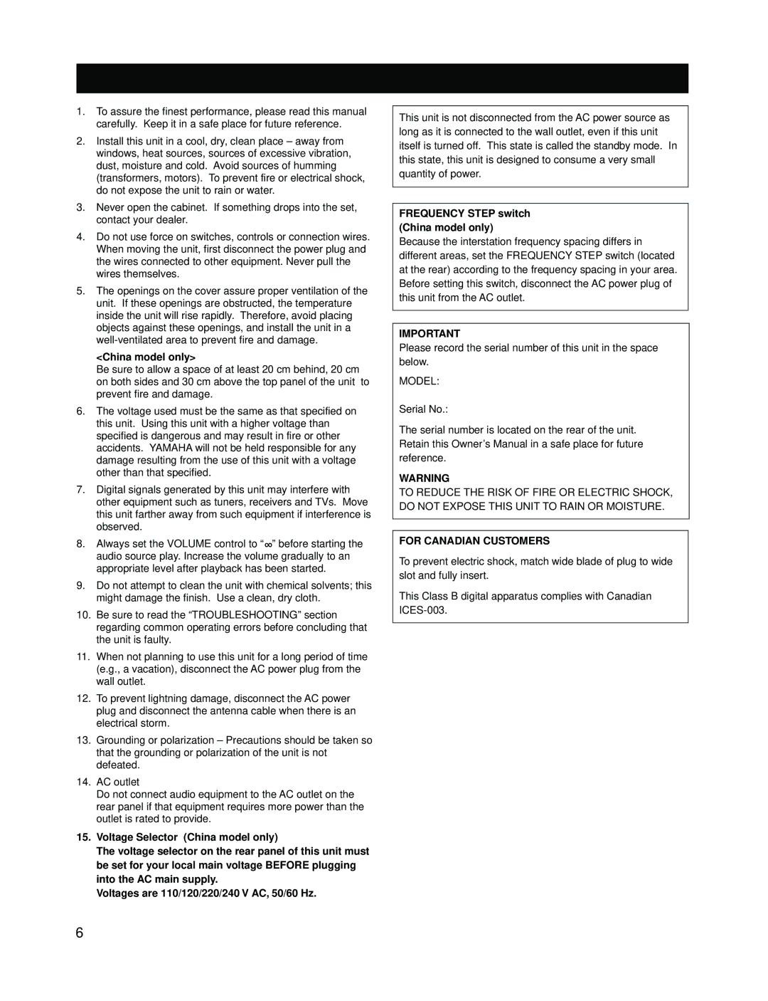 Yamaha RX-V595A owner manual Frequency Step switch China model only, For Canadian Customers 