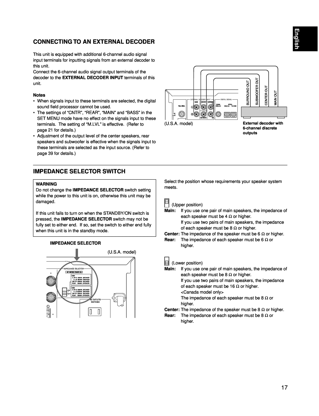 Yamaha RX-V595A owner manual Connecting To An External Decoder, Impedance Selector Switch, English 
