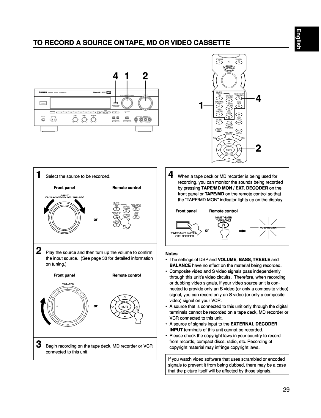 Yamaha RX-V595A owner manual To Record A Source On Tape, Md Or Video Cassette, English 