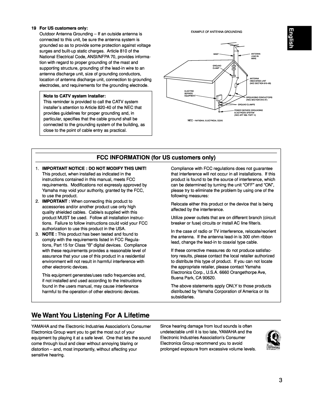 Yamaha RX-V595A owner manual We Want You Listening For A Lifetime, English, FCC INFORMATION for US customers only 