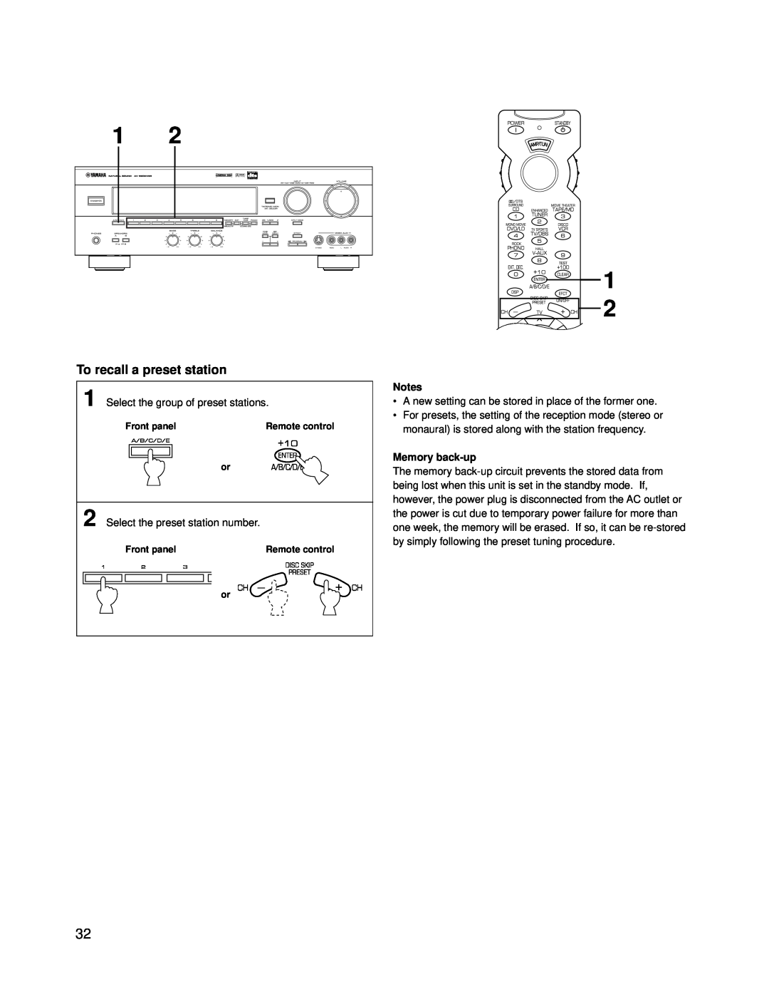 Yamaha RX-V595A owner manual To recall a preset station, Memory back-up 
